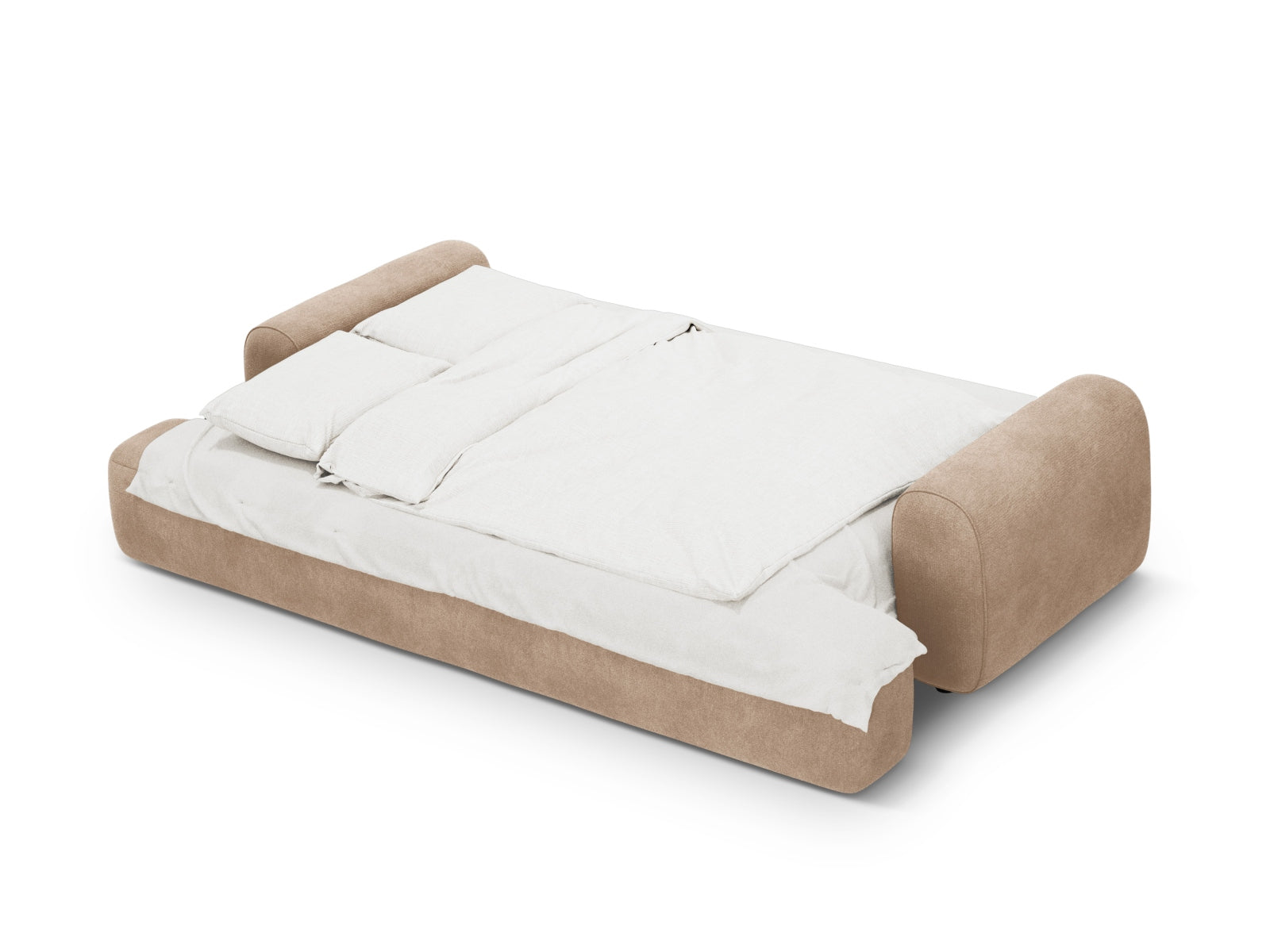 Elegantes 4-Sitzer Sofa Calma in Dunkelbeige, ideal für Wohnräume, bietet eine praktische Schlaffunktion und zusätzlichen Stauraum.