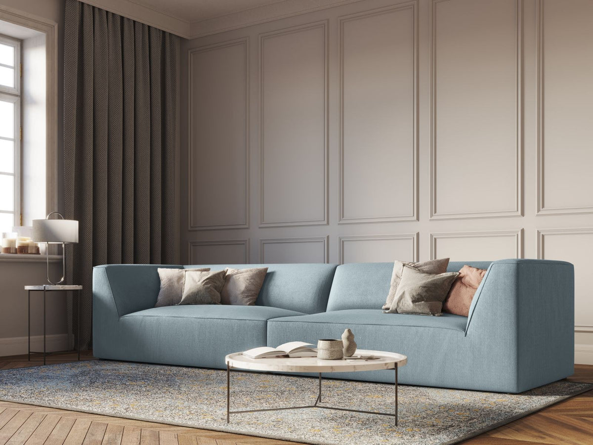 Beiges 4-Sitzer Sofa Siena mit strukturiertem Cordstoffbezug, Massivholzrahmen und schwarzen Kunststoffbeinen, moderne gerade Form.