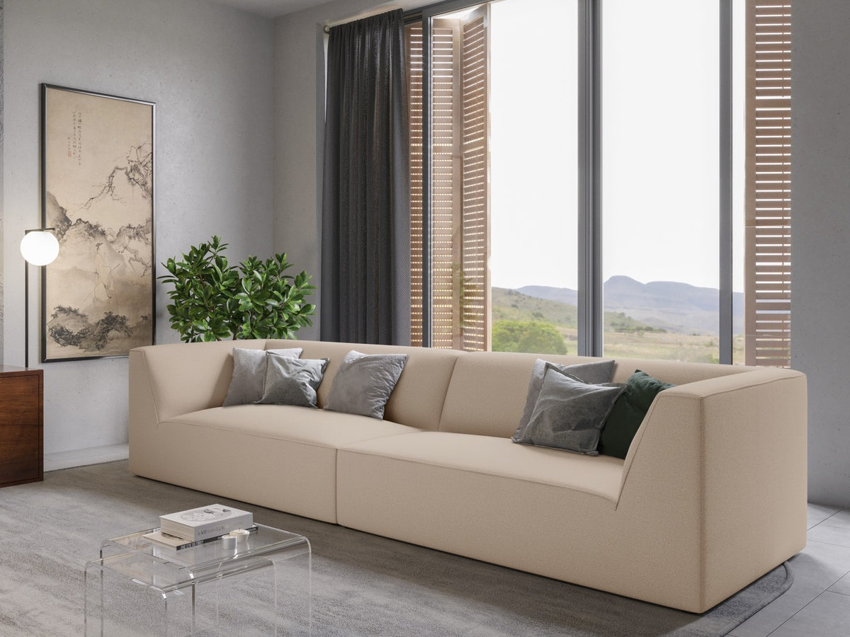 Beiges 4-Sitzer Sofa Siena mit strukturiertem Cordstoffbezug, Massivholzrahmen und schwarzen Kunststoffbeinen, moderne gerade Form.