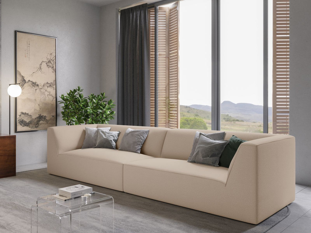 Beiges 4-Sitzer Sofa Siena mit strukturiertem Cordstoffbezug, Massivholzrahmen und schwarzen Kunststoffbeinen, moderne gerade Form.