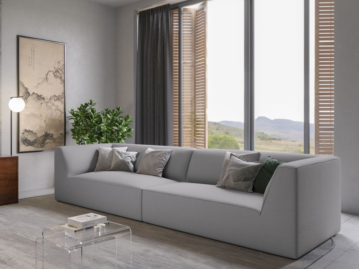 Beiges 4-Sitzer Sofa Siena mit strukturiertem Cordstoffbezug, Massivholzrahmen und schwarzen Kunststoffbeinen, moderne gerade Form.