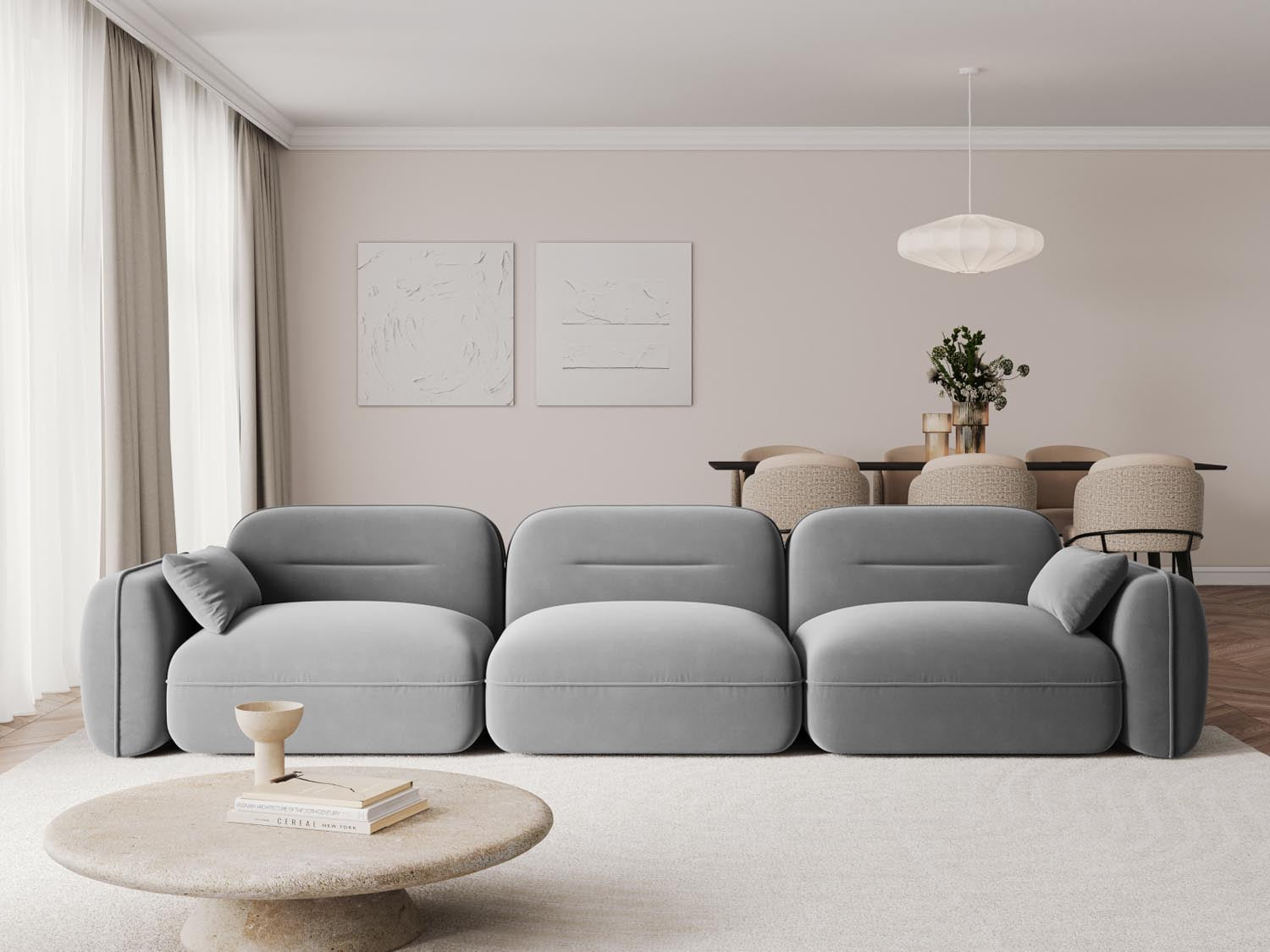 Elegantes Sydney Velour Modular Sofa in sanftem Hellgrau, ideal für stilvolle Wohnräume und gemütliche Abende.