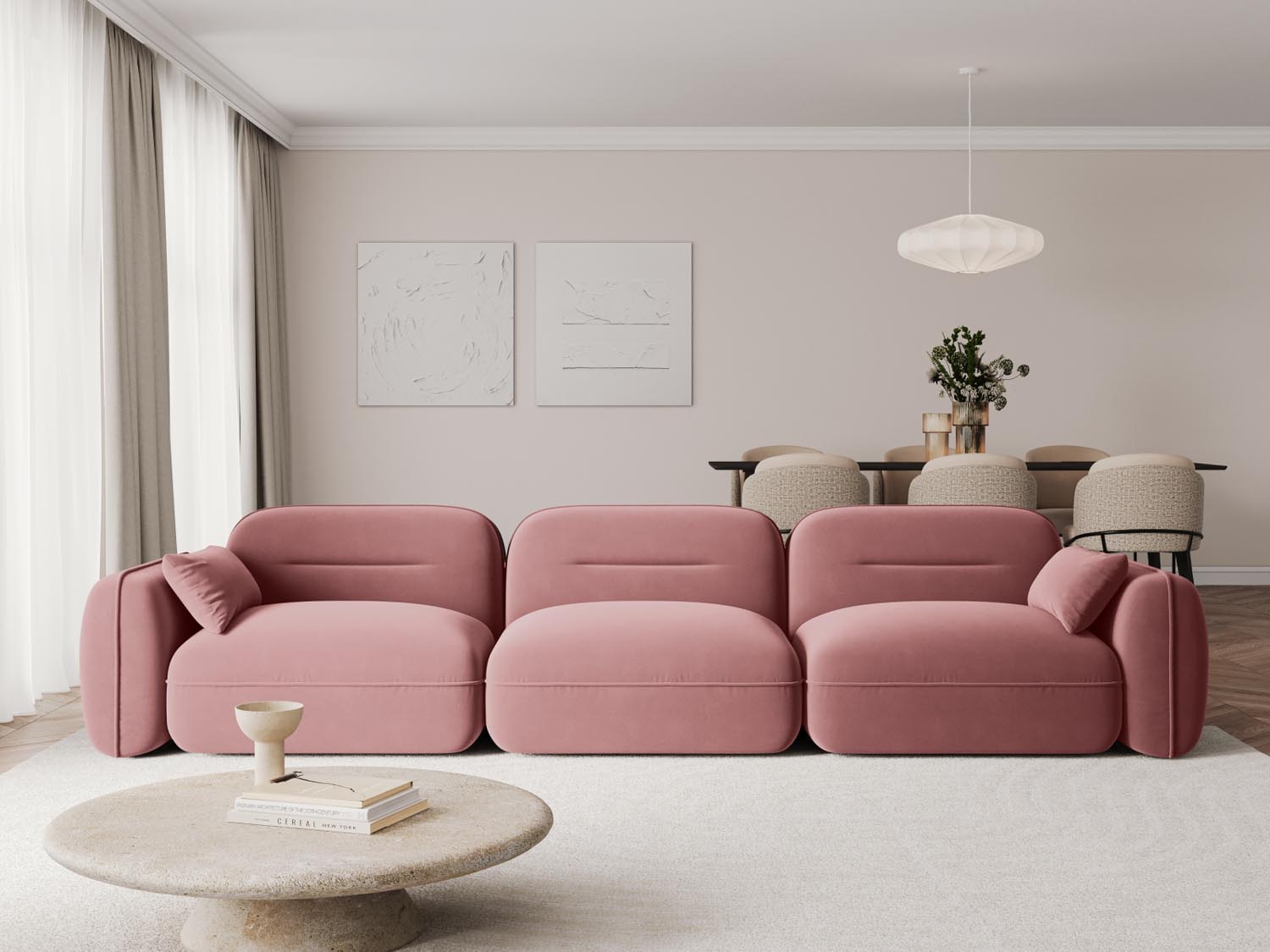 Elegantes Sydney Velour Modular Sofa in Flamingo-Casino, ideal für stilvolle Wohnräume. Komfort und modernes Design vereint.