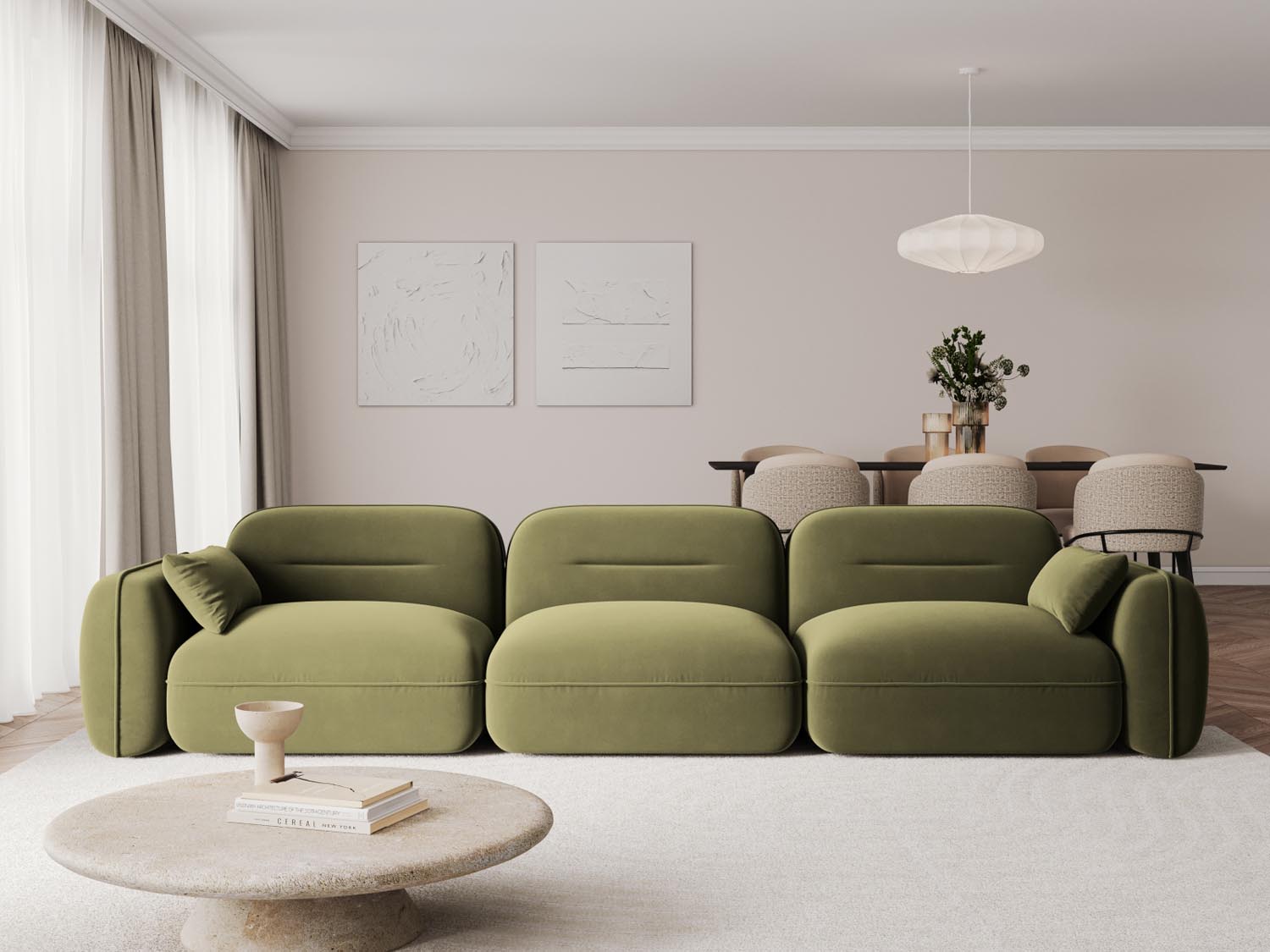 Elegantes Sydney Velour Modular Sofa in sanftem Grün, ideal für stilvolle Wohnräume. Perfekt für gesellige Abende und entspannte Stunden.
