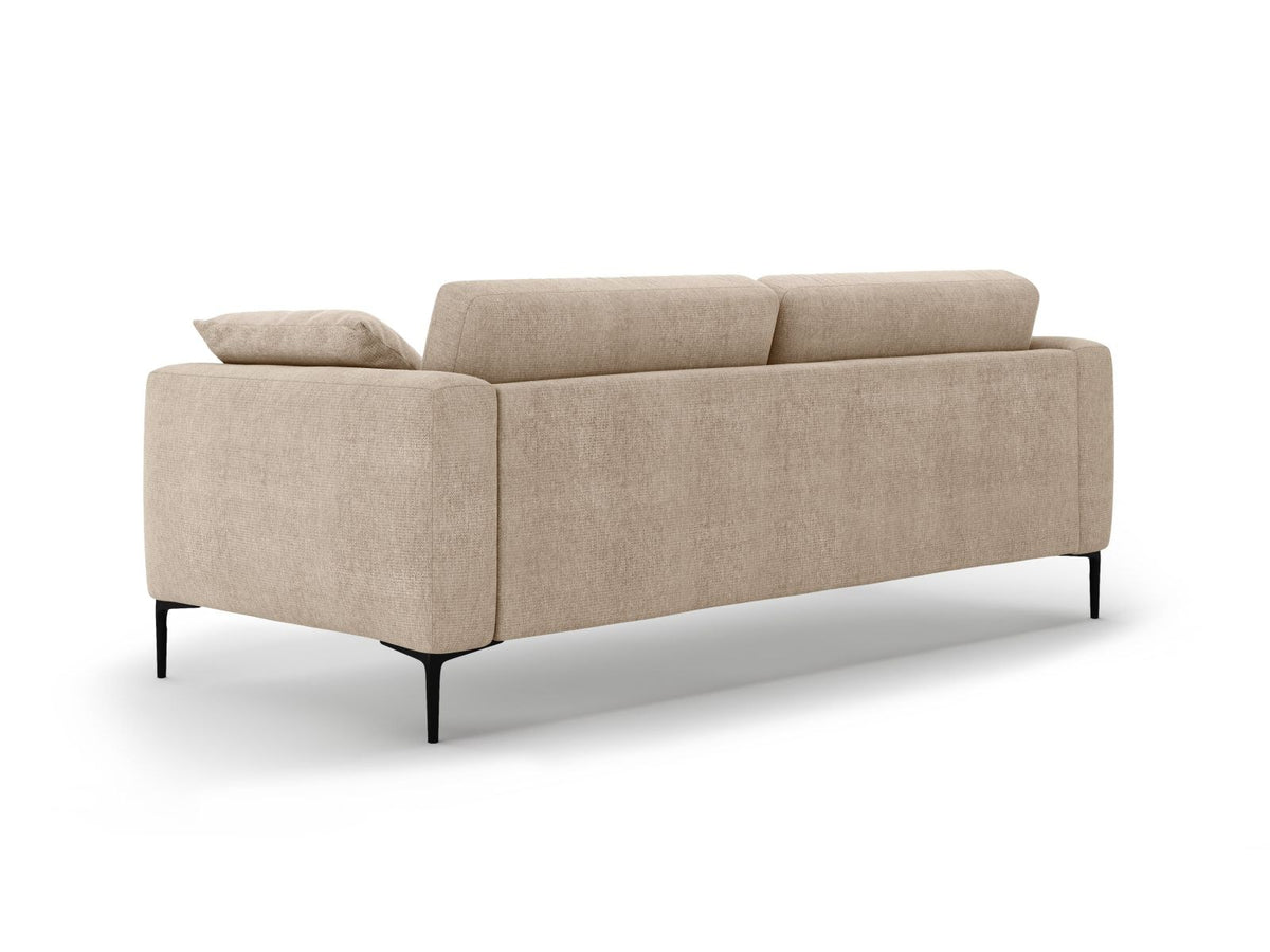 Lazio Sofa 4-Sitzer in Beige-Sorella mit Tweed-Stoffbezug, Massivholzrahmen und schwarzen Metallbeinen, Frontalansicht auf hellem Hintergrund.