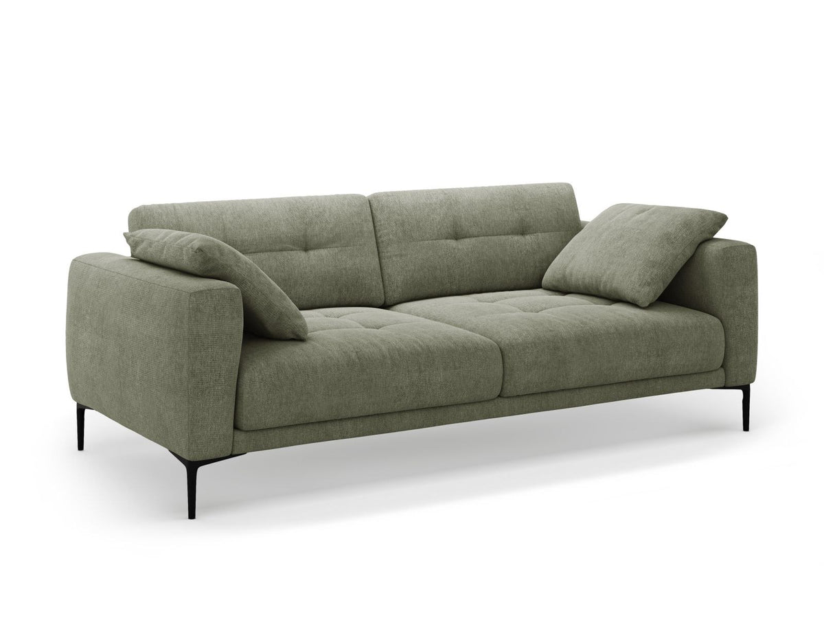 Lazio Sofa 4-Sitzer in Beige-Sorella mit Tweed-Stoffbezug, Massivholzrahmen und schwarzen Metallbeinen, Frontalansicht auf hellem Hintergrund.
