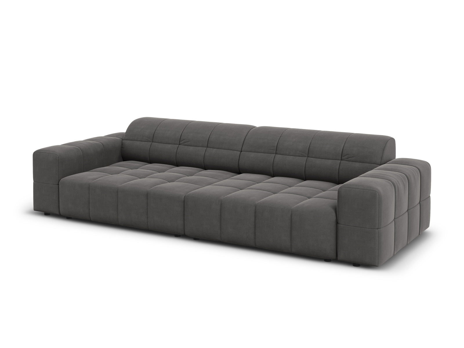 Stylisches 4-Sitzer Sofa im Velours-Stil, in Grau-Blau, perfekt für moderne Wohnzimmer und gemütliche Entspannung.