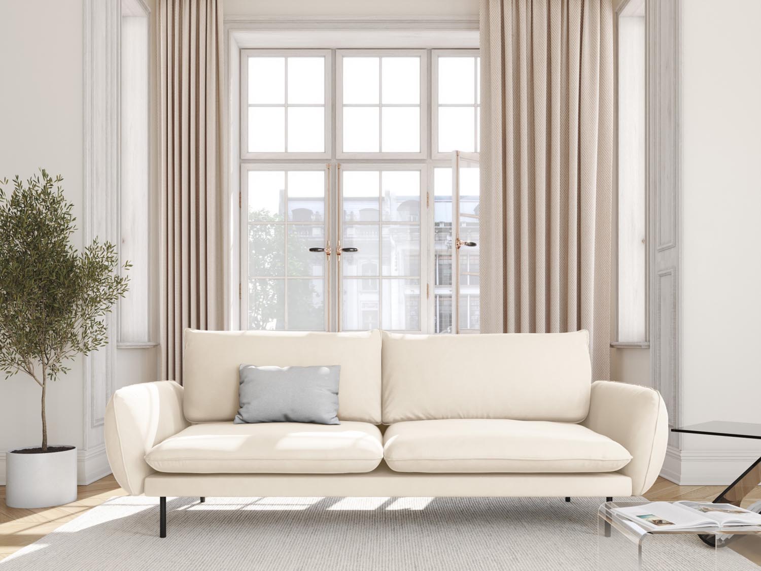 Elegantes 4-Sitzer Sofa "Vienna" in sanftem Beige und stilvollem Schwarz-Bluvel, ideal für moderne Wohnräume.