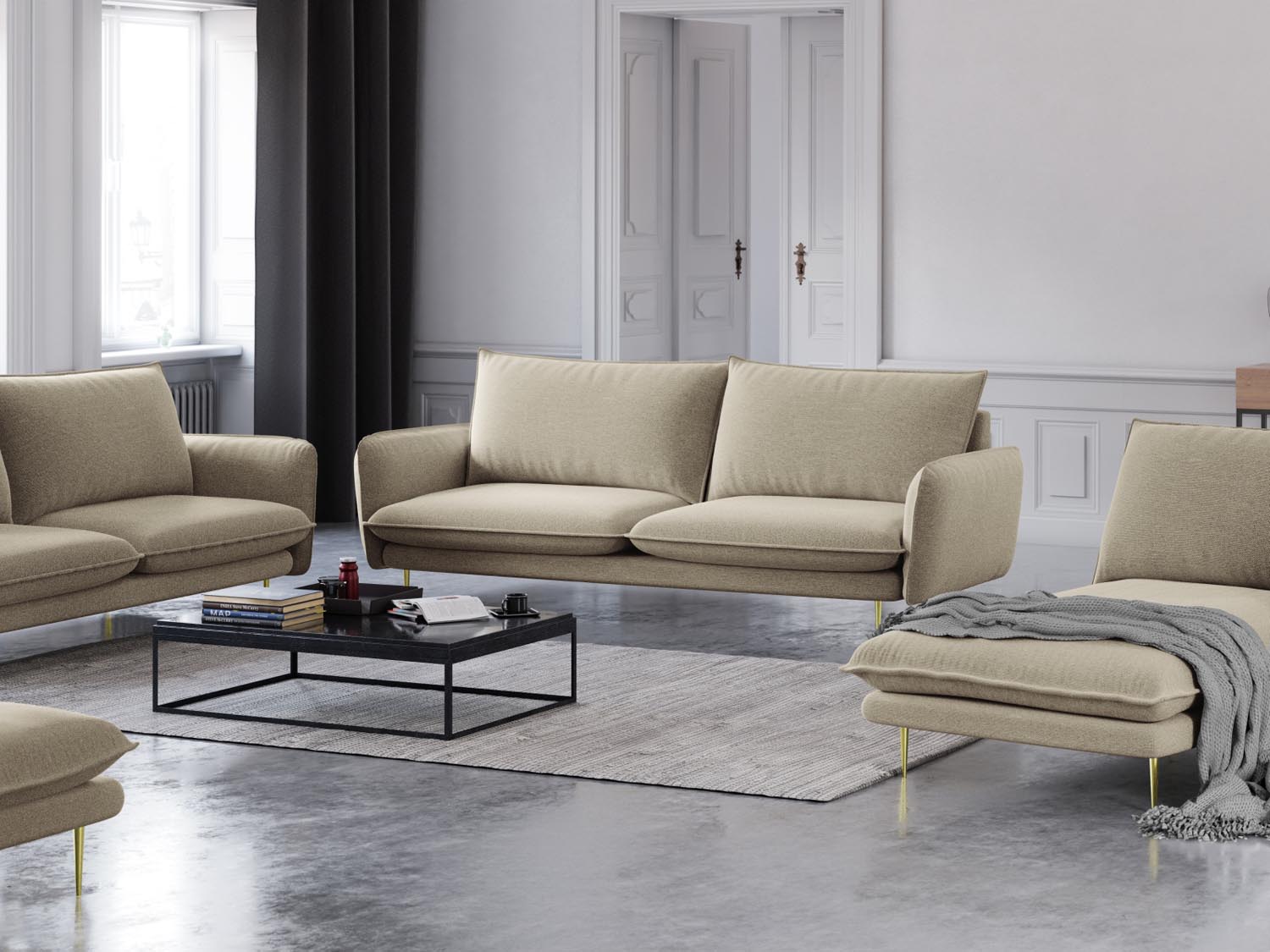 Elegantes Vienna Sofa mit 4 Sitzen in Beige und Gold-Positano, ideal für stilvolle Wohnräume und gemütliche Abende.