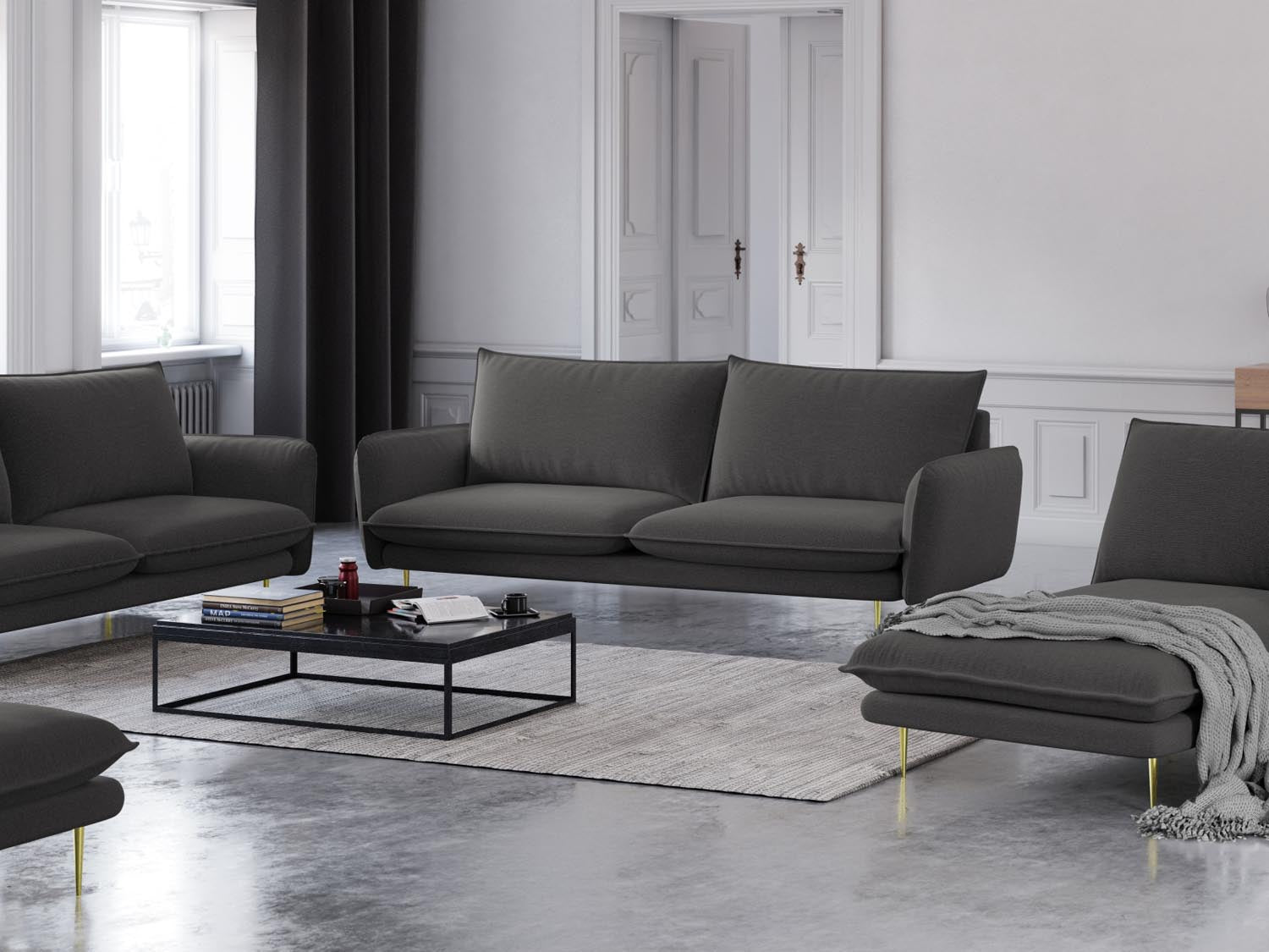 Elegantes Vienna Sofa für 4 Personen in Dunkelgrau mit goldenen Akzenten, ideal für stilvolle Wohnräume.