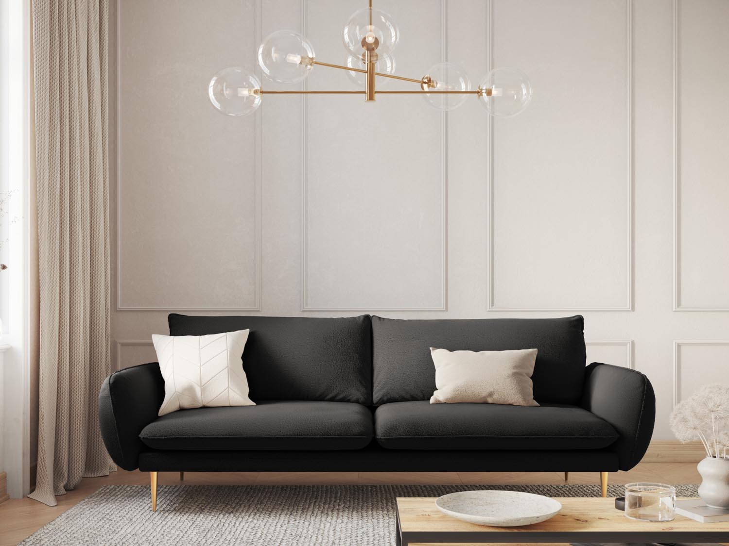 Elegantes Vienna Boucle Sofa für 4 Personen in stilvollem Schwarz und Gold, ideal für moderne Wohnräume.