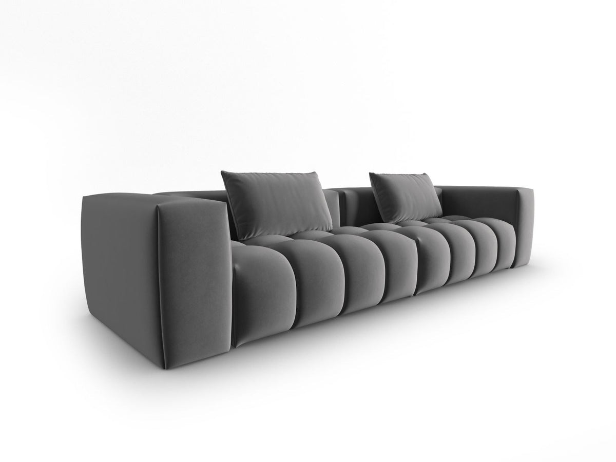 Modulares Sofa Verona in Samtstoff Sand-Casino mit schwarzen Kunststoffbeinen, 5 Sitzplätze, Massivholzrahmen, Frontalansicht