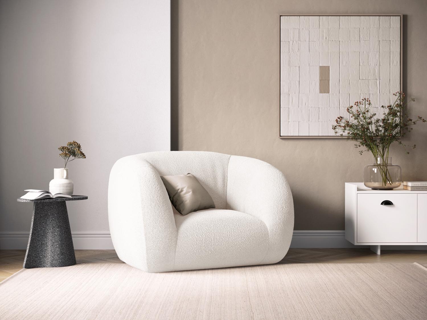 Eleganter Essen Boucle Armchair 1 Sitzer in stilvollem Weiß, ideal für moderne Wohnräume, entworfen von Cosmopolitan Design.