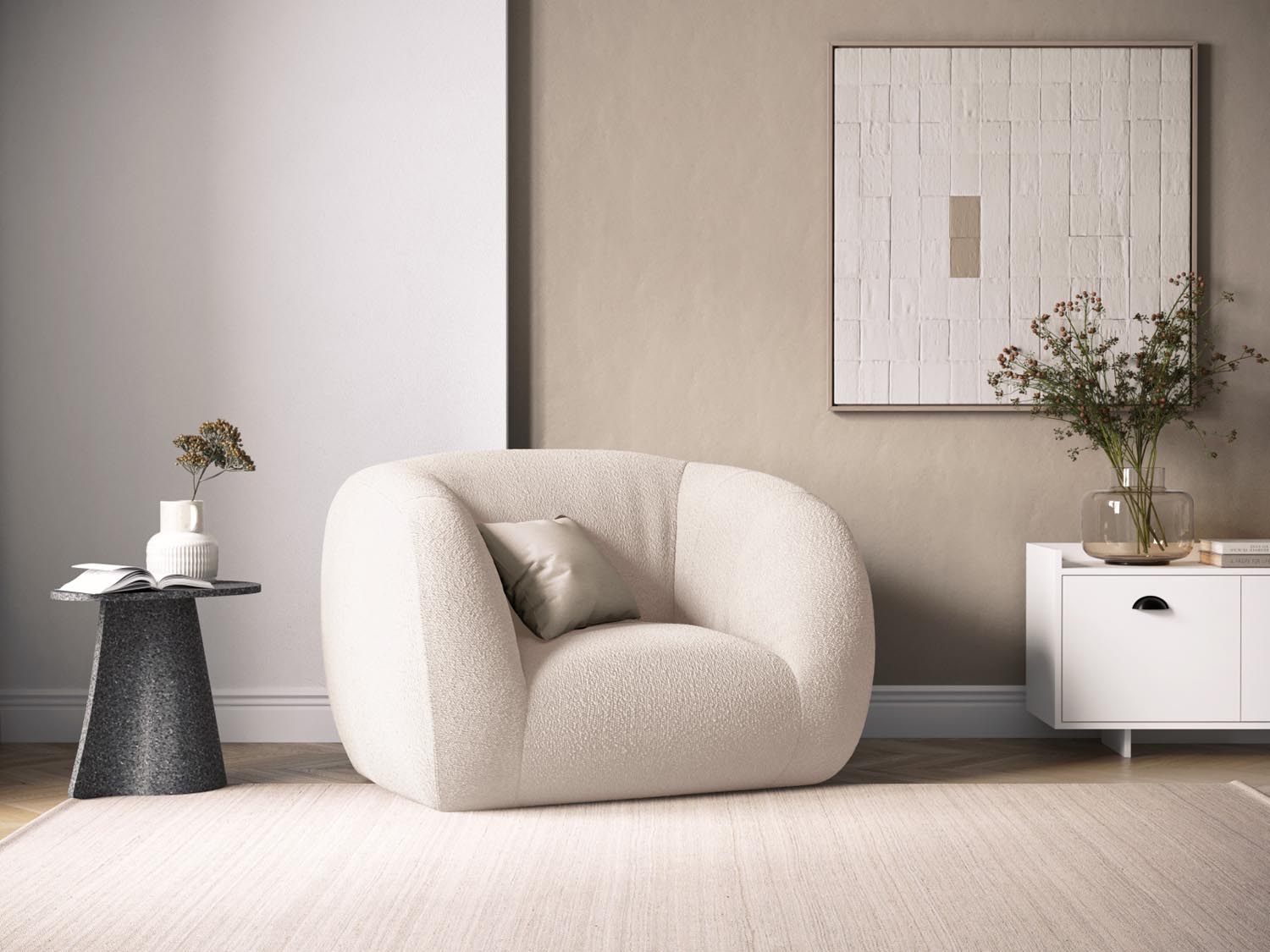Eleganter Essen Boucle Armchair 1 Sitzer in sanftem Beige, stilvoll inszeniert für modernes Wohndesign.