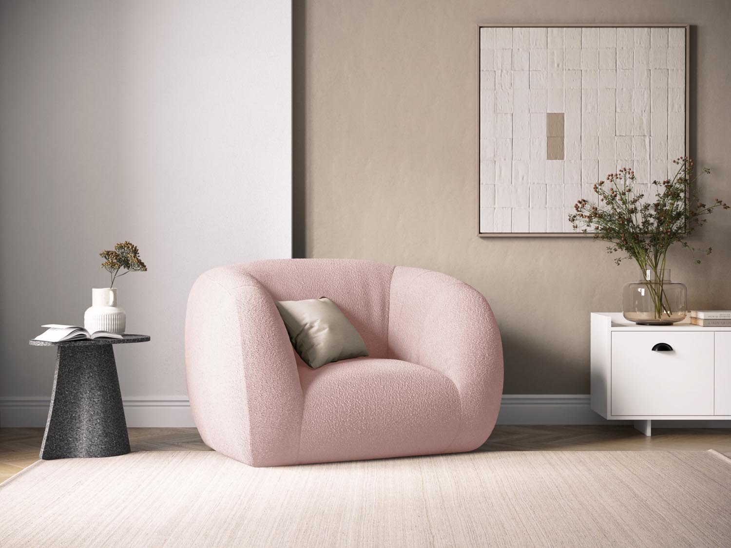 Eleganter Essen Boucle Armchair 1 Sitzer in sanftem Powder Pink, stilvoll inszeniert für modernes Wohnen.