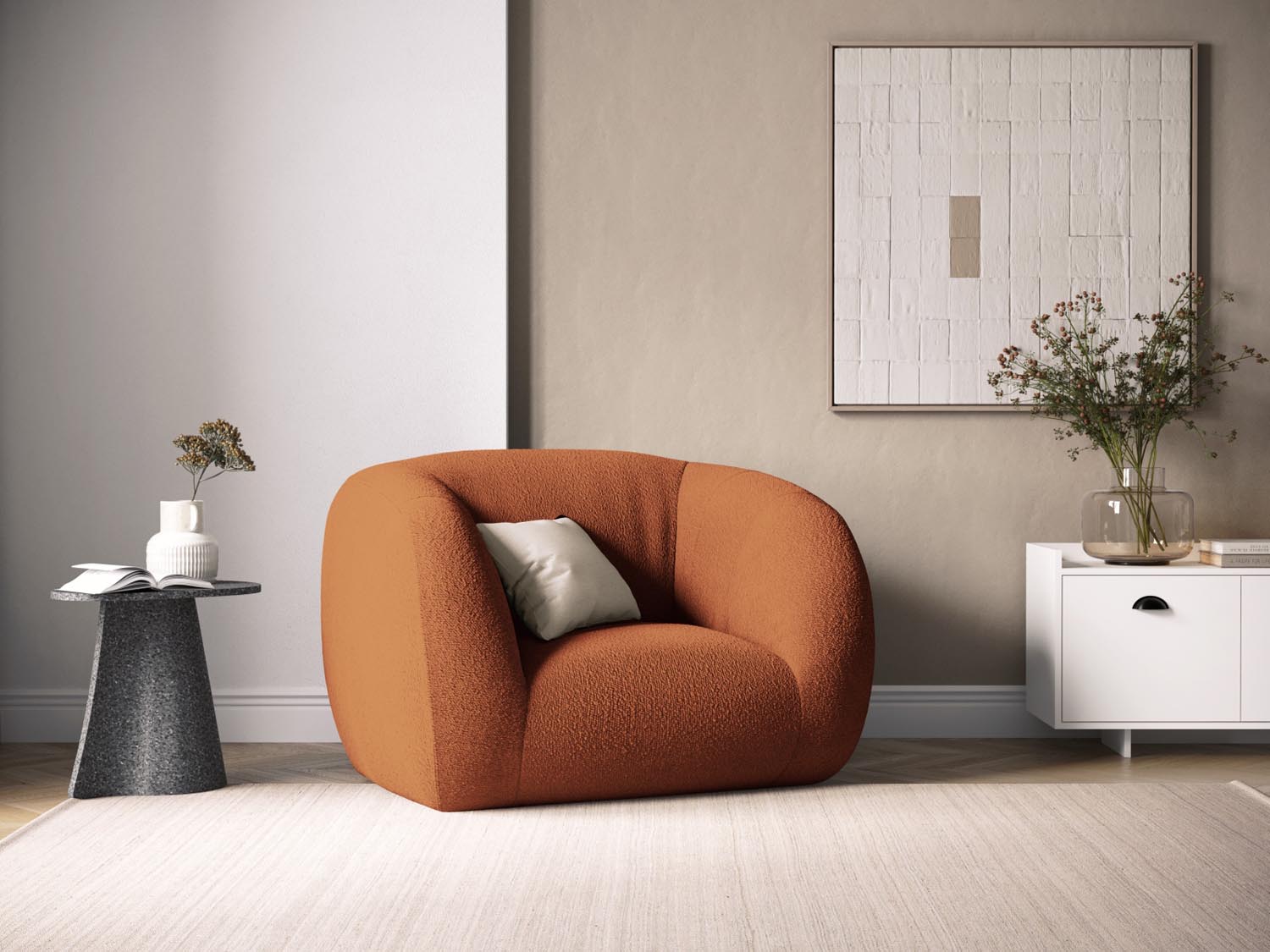 Eleganter Essen Boucle Armchair 1 Sitzer in warmem Terracotta, stilvoll inszeniert für modernes Wohndesign.