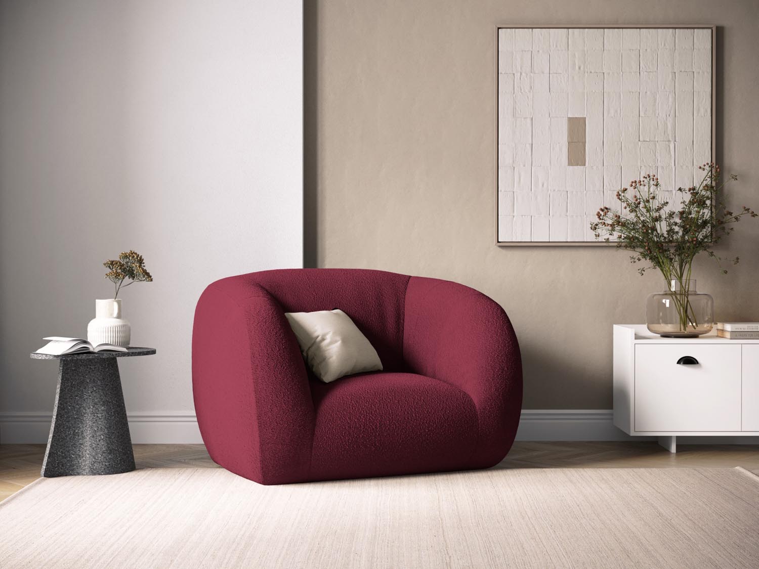 Eleganter Essen Boucle Armchair 1 Sitzer in Bordeaux-Baloo, stilvoll und modern, ideal für jedes Wohnambiente.