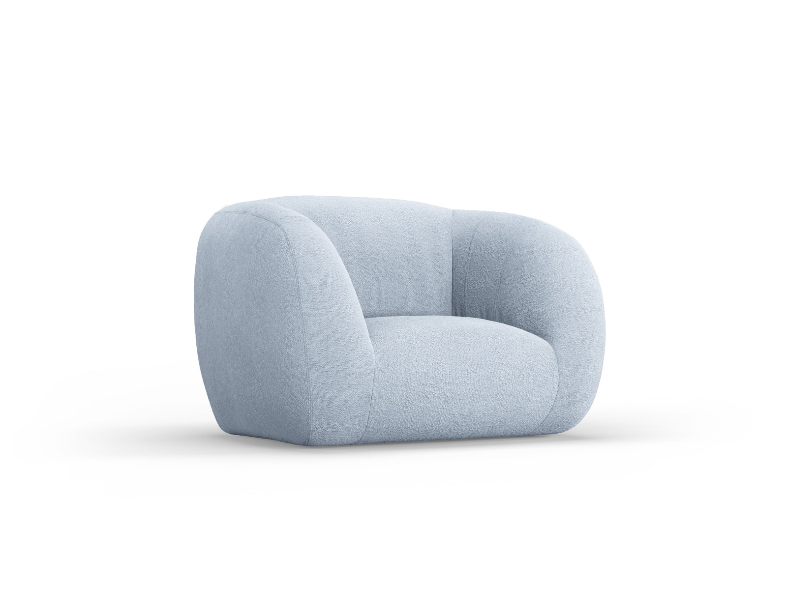 Moderner Essen Boucle Armchair 1 Sitzer in zartem Hellblau, perfekt für stilvolle Wohnräume und gemütliche Leseecken.