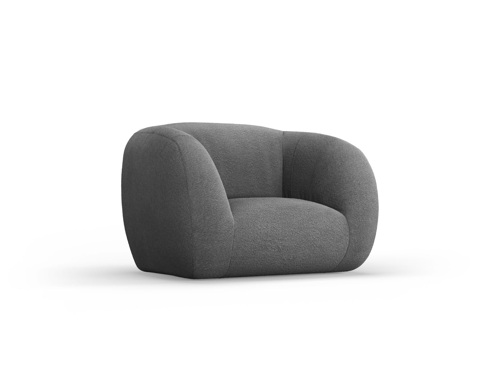 Moderner Essen Boucle Armchair 1 Sitzer in edlem Dunkelgrau, perfekt für stilvolle Wohnräume und gemütliche Leseecken.