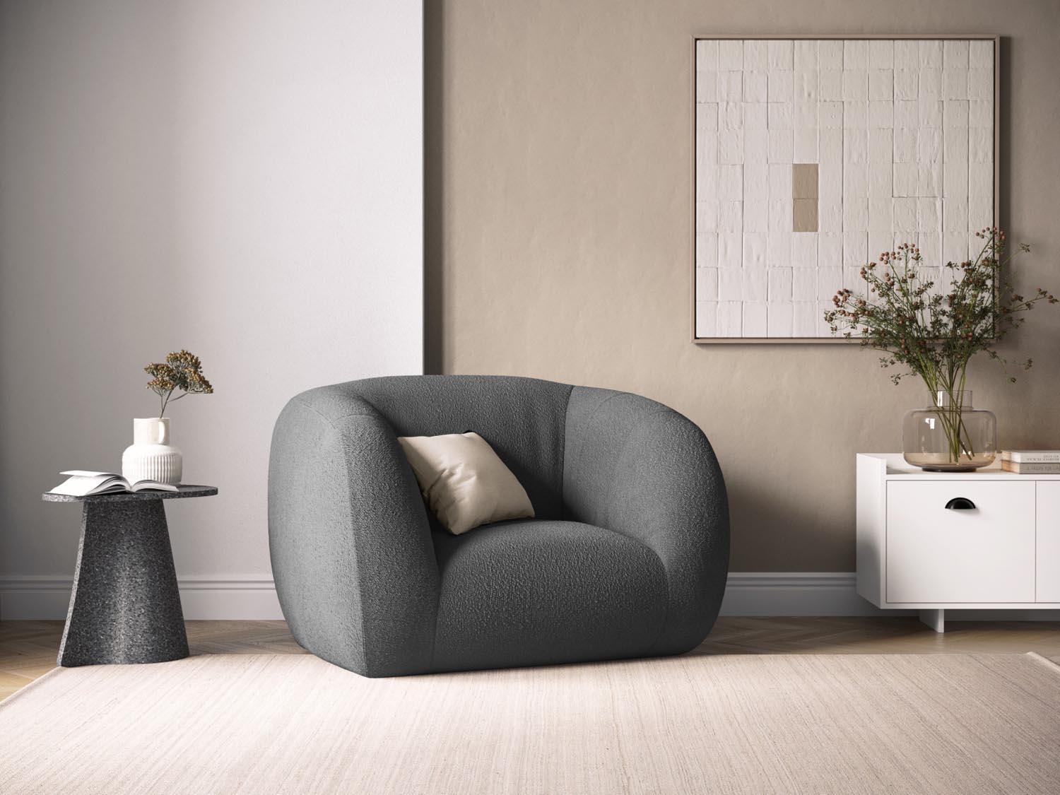 Eleganter Essen Boucle Armchair 1 Sitzer in Dunkelgrau, stilvoll und modern, ideal für jedes Wohnambiente.