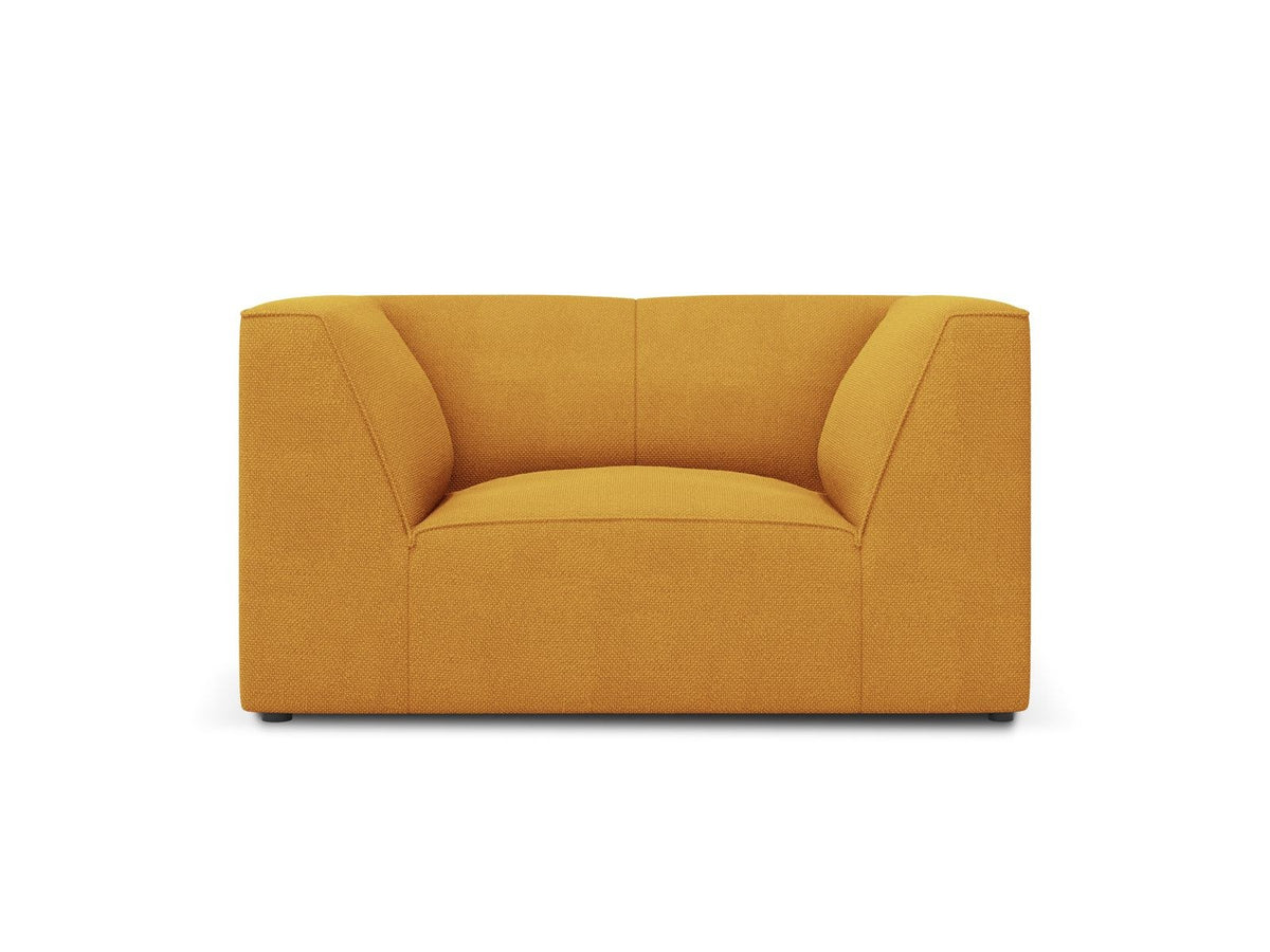 Sessel Siena 1-Sitzer von Cosmopolitan Design mit gelbem Ottawa-Stoffbezug, Massivholzrahmen und schwarzen Kunststoffbeinen aus Polypropylen.