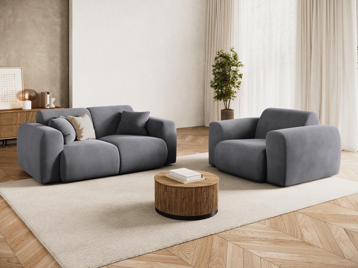 Eleganter Nolio Velour Sessel in Dunkelgrau, 95 cm, ideal für stilvolle Wohnräume, präsentiert von Cosmopolitan Design.