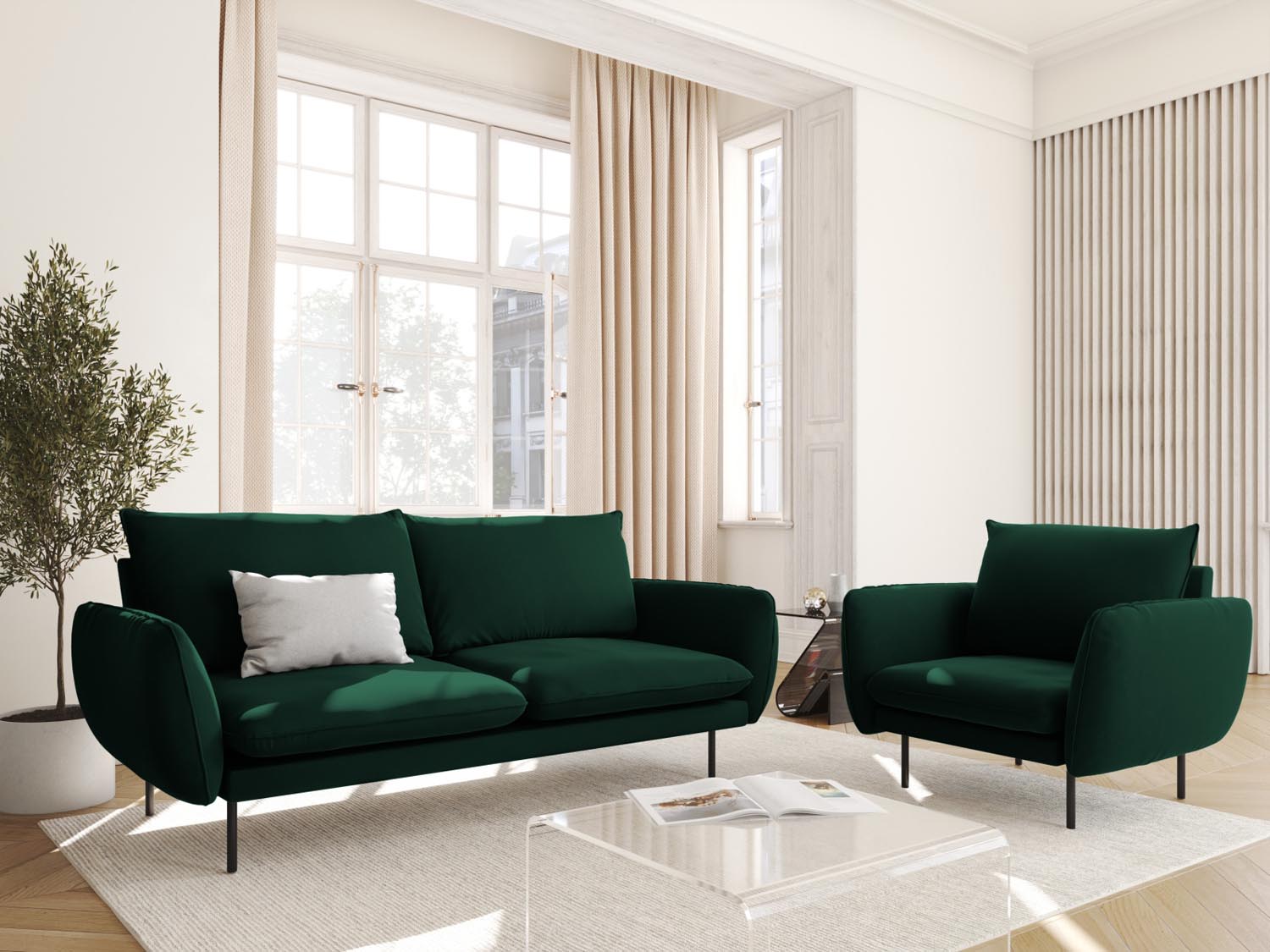 Eleganter Vienna Velour Sessel in sattem Flaschengrün mit schwarzem Bluvel, ideal für stilvolle Wohnräume.