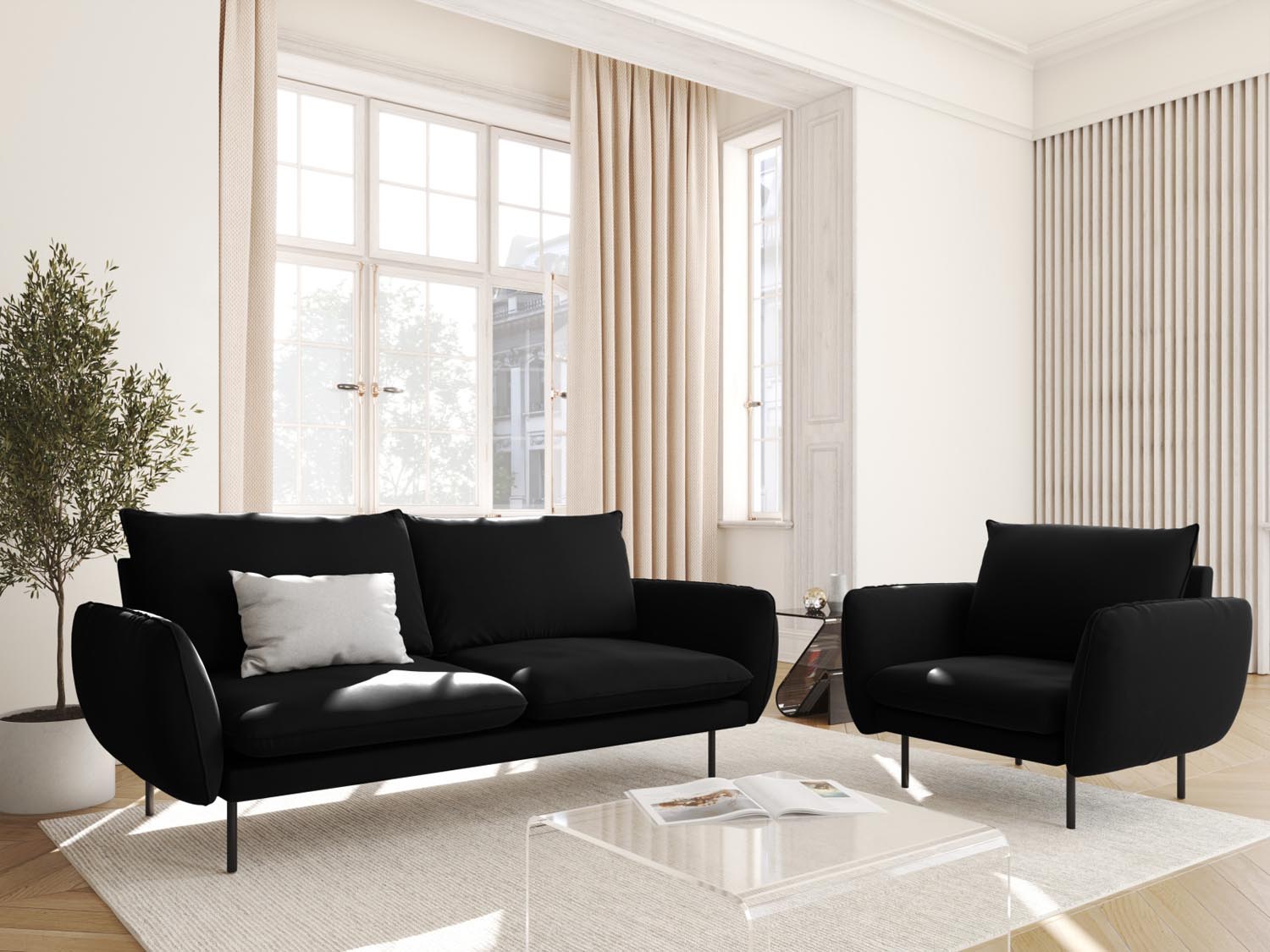 Eleganter Vienna Velour Sessel in Schwarz, 94 cm, ideal für stilvolle Wohnräume. Hochwertiges Design von Cosmopolitan Design.