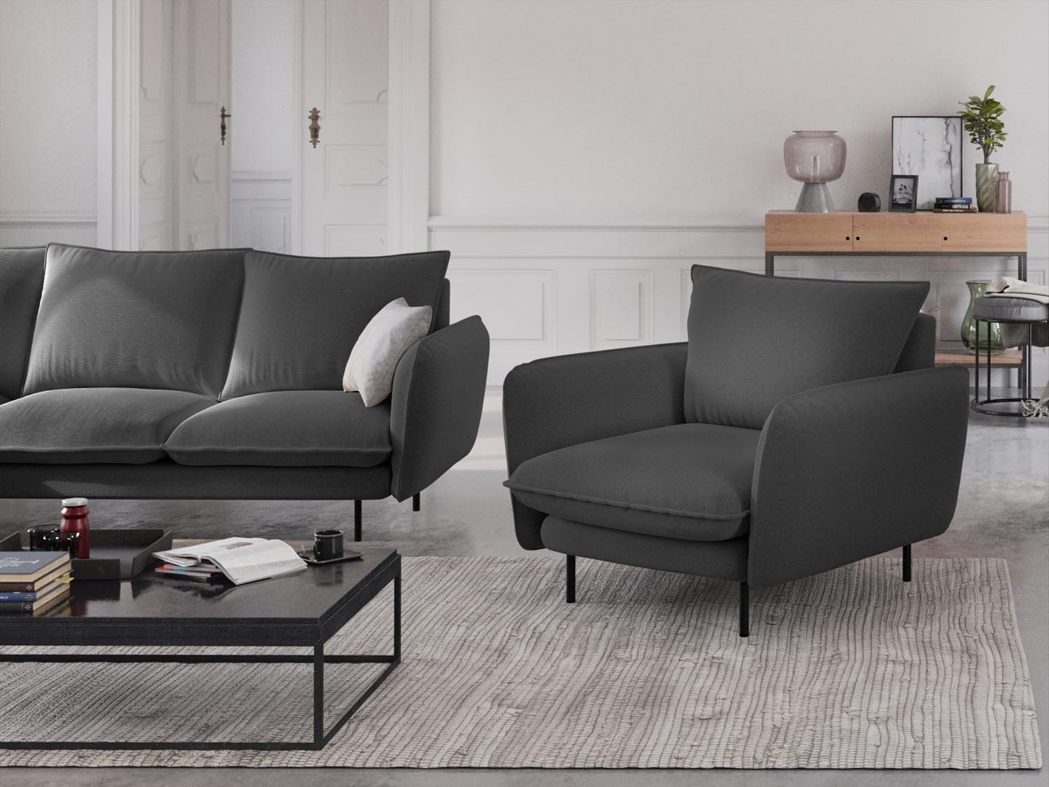 Eleganter Vienna Sessel mit einem Sitzplatz in Dunkelgrau/Schwarz-Positano, ideal für stilvolle Wohnräume und gemütliche Atmosphäre.