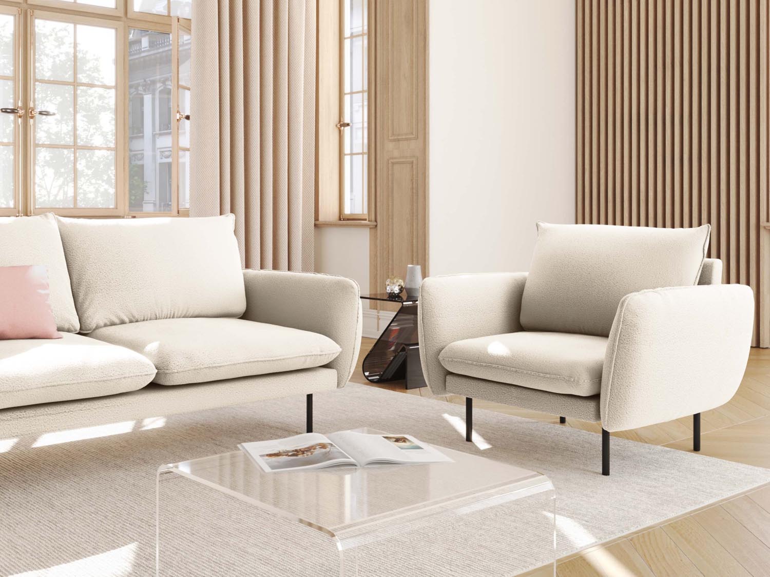 Eleganter Vienna Boucle Sessel mit einem Sitzplatz, 94 cm, in stilvollem Beige und Schwarz, ideal für moderne Wohnräume.