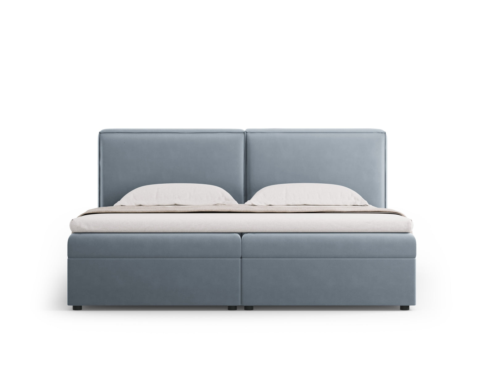 Elegantes Arendal Boxspringbett-Set in sanftem Hellblau, ideal für stilvolle Schlafzimmergestaltung, erhältlich bei KAQTU Design AG.