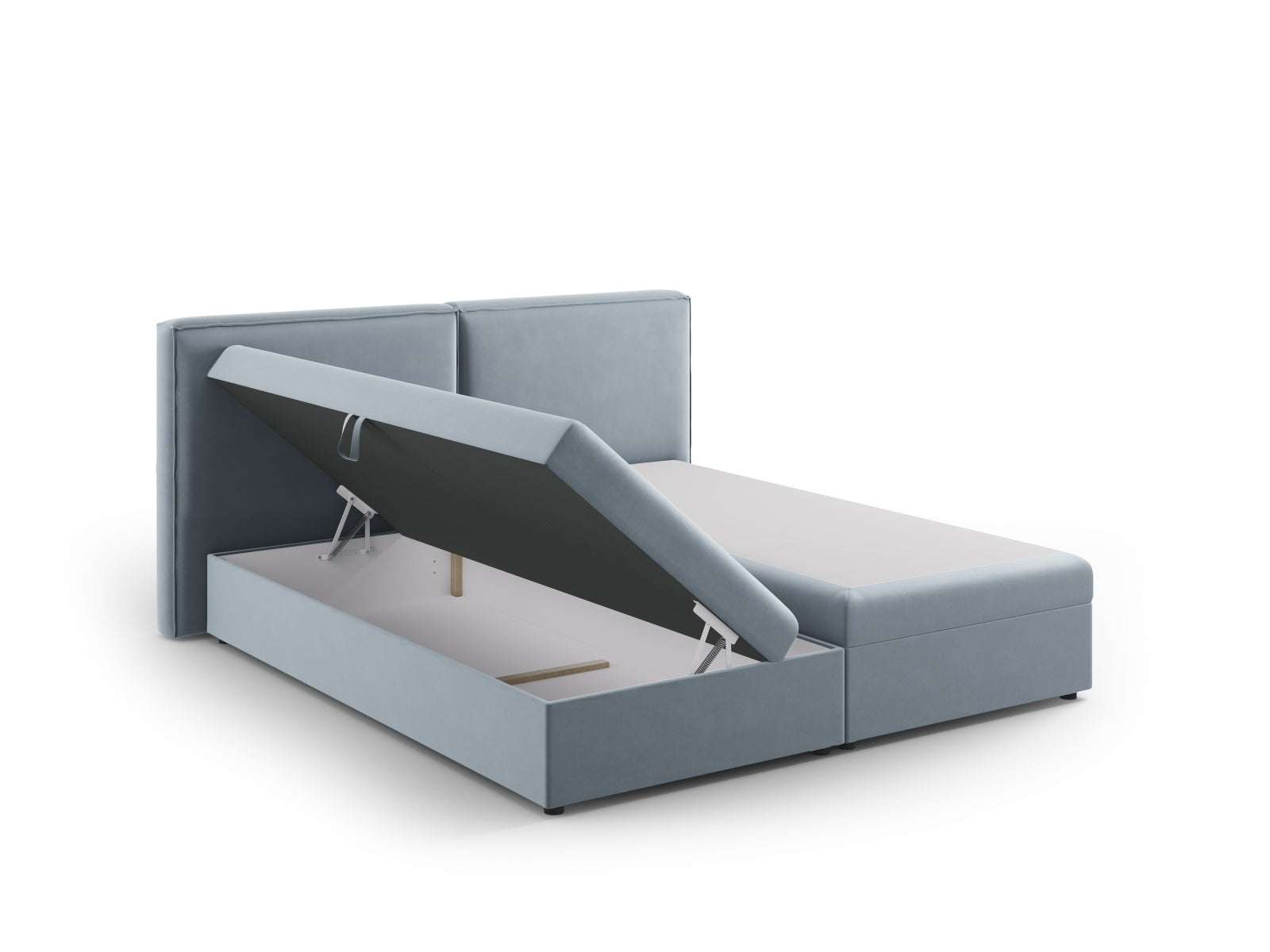 Modernes Boxspringbett-Set Arendal in zartem Hellblau, perfekt für ein gemütliches und stilvolles Schlafambiente.