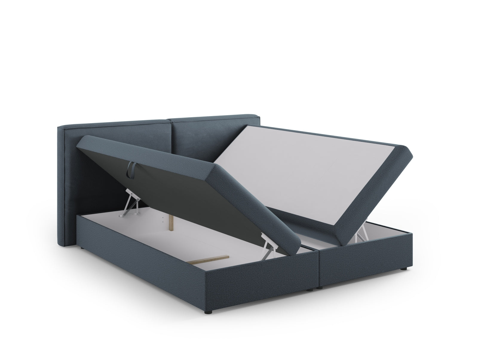 Elegantes Arendal Boxspringbett-Set in 180 cm, ausgestattet mit stilvollem blauen Bezug, ideal für moderne Schlafzimmergestaltung.