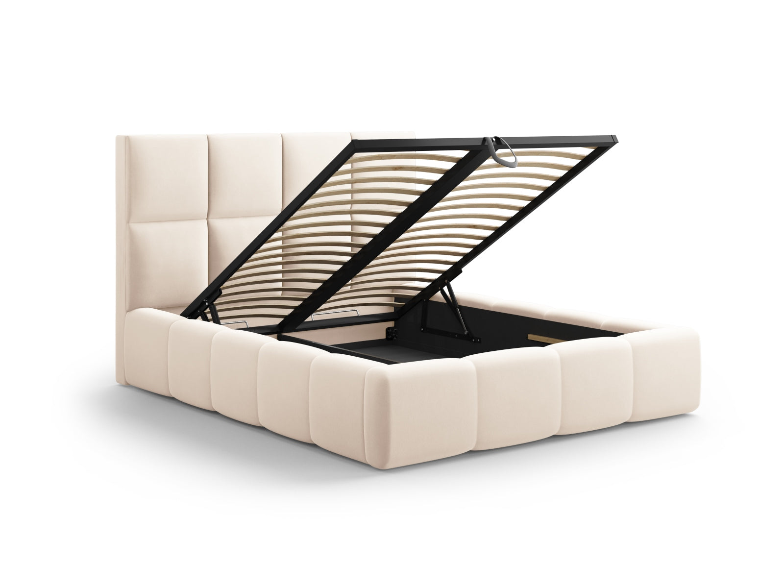 Stylisches Livigno Bett in 140 cm Breite, ideal für kleinen Raum, mit praktischem Stauraum und elegantem Kopfteil in neutralen Farben.