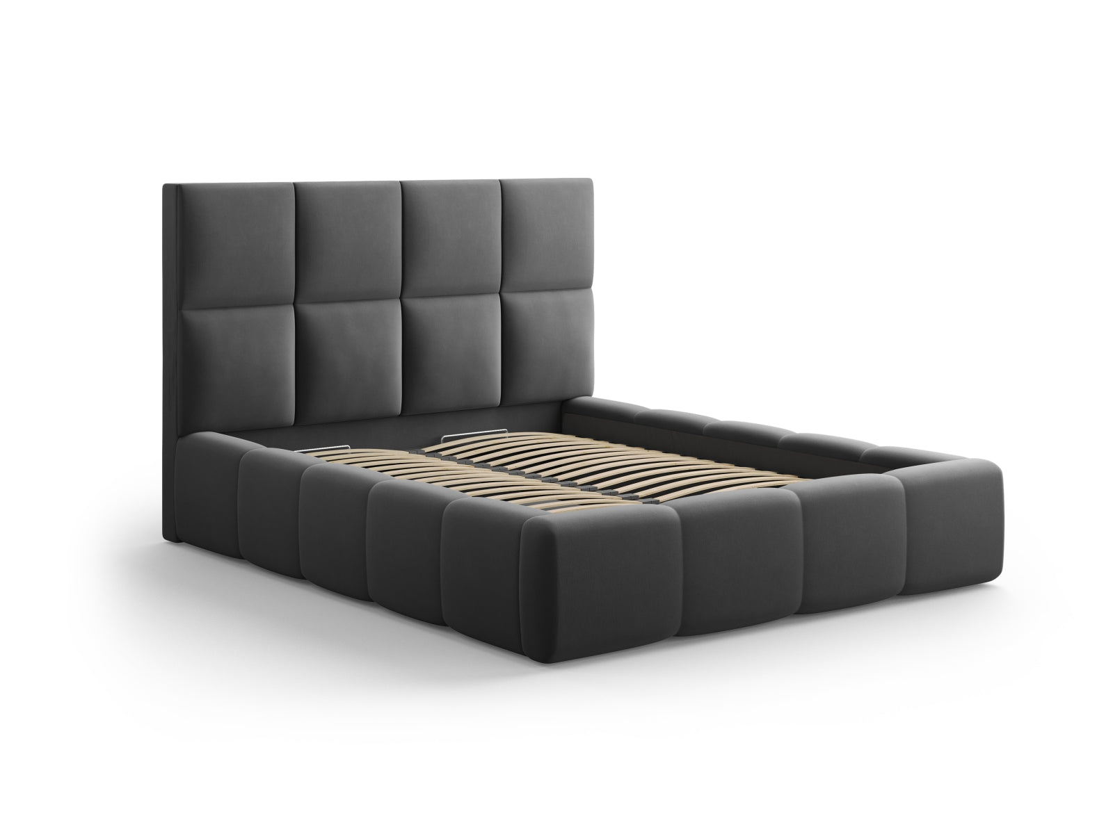 Stylisches Livigno Bett mit praktischem Stauraum und elegantem Kopfteil in Grau-Bluvel, ideal für moderne Schlafzimmer.