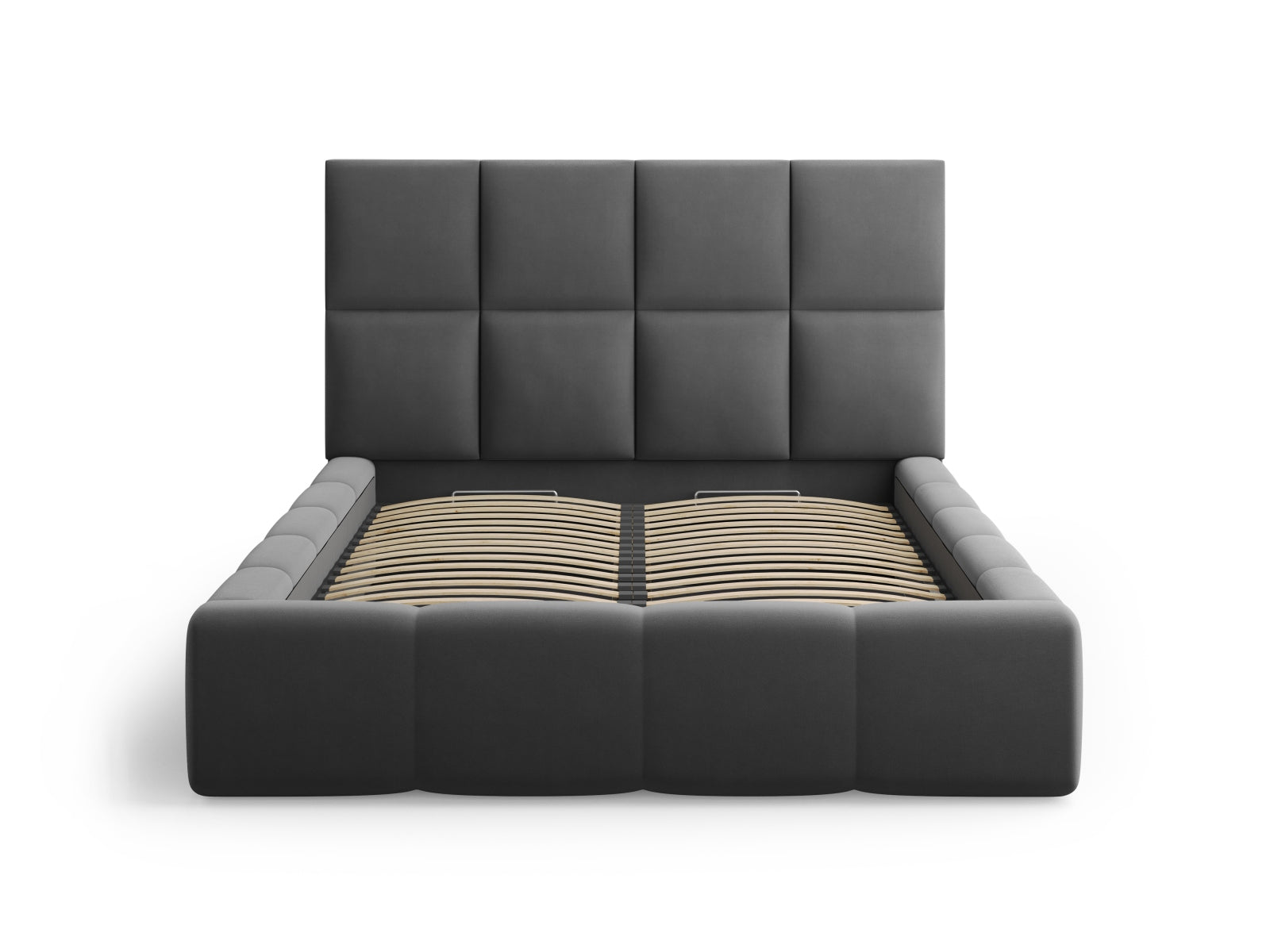Modernes Livigno Bett mit integriertem Stauraum und geschmackvollem Kopfteil in Grau-Bluvel, perfekt für stilvolle Schlafzimmer.