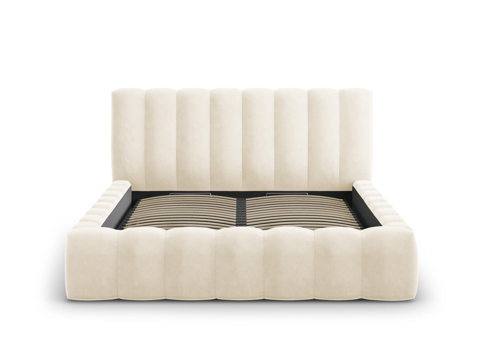 Elegantes Palma Bett mit 160 cm Kopfteil und praktischem Stauraum in Light Beige-Bluvel, ideal für stilvolle Schlafzimmer.