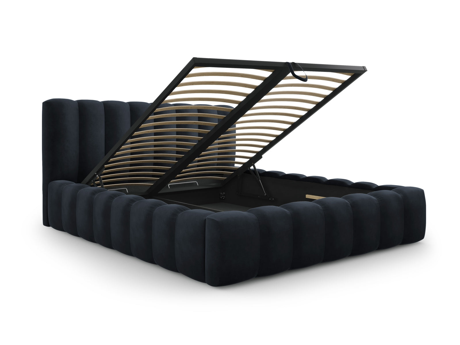 Modernes Palma Bett in Dunkelblau, 160 cm breit, mit praktischem Stauraum und ansprechendem Kopfteil, perfekt für stilvolle Schlafzimmer.