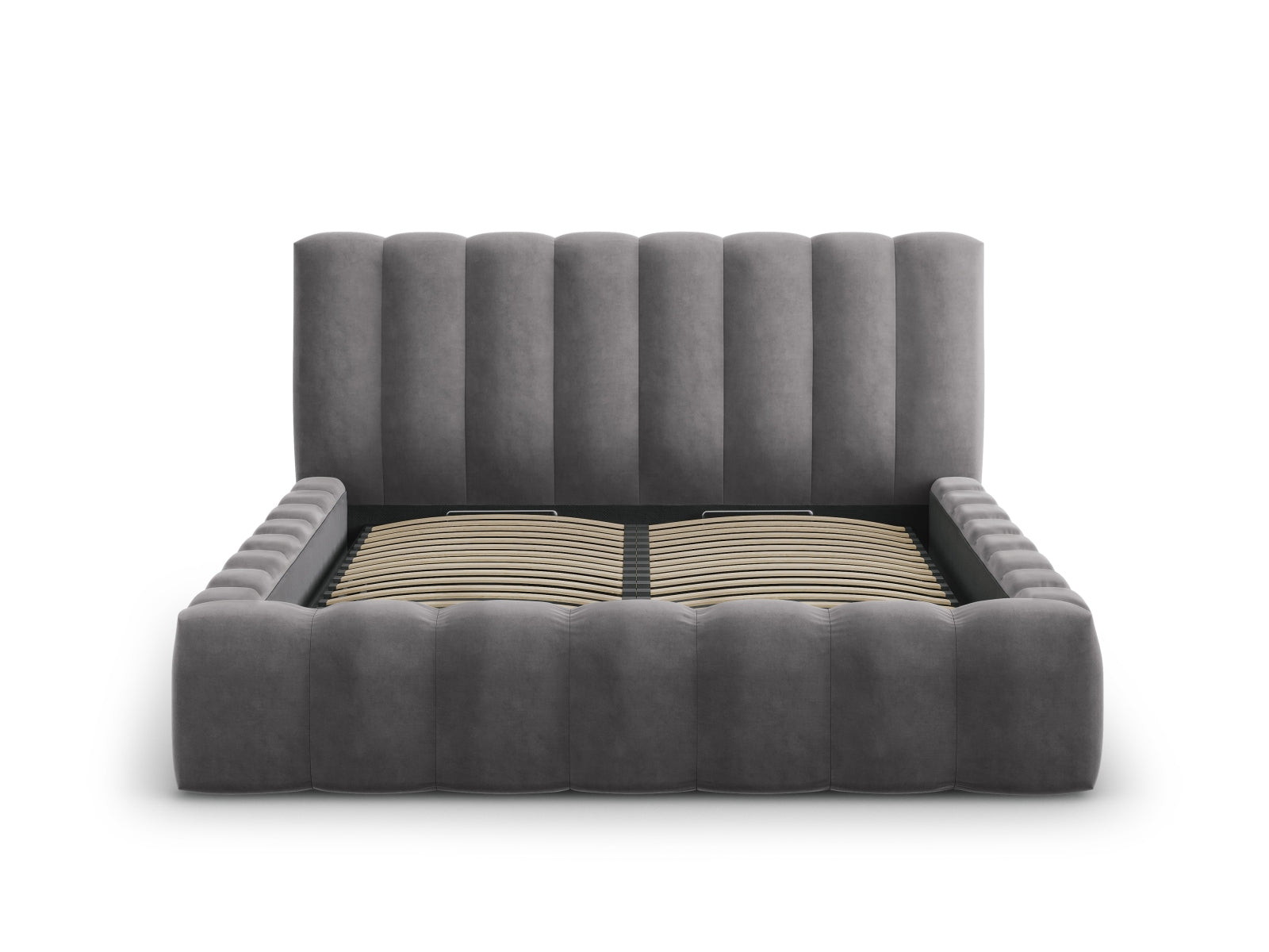 Elegantes Palma Bett mit 160 cm Breite, Stauraum und stilvollem Kopfteil in Grey-Bluvel, ideal für moderne Schlafzimmer.