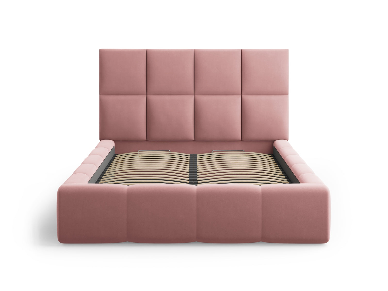 Elegantes Livigno Bett mit 180 cm hohem Kopfteil und integriertem Stauraum in Pink-Bluvel, perfekt für stilvolle Schlafzimmer.