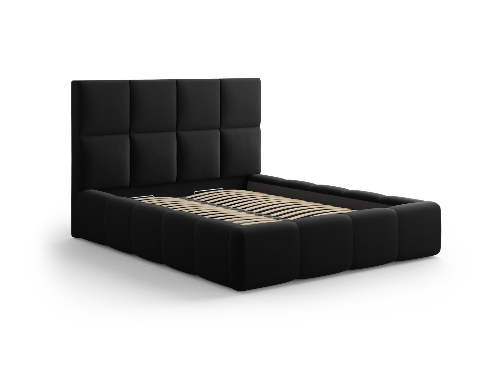 Elegantes Livigno Bett mit 180 cm Kopfteil und praktischem Stauraum in stilvollem Black-Bluvel, ideal für moderne Schlafzimmer.