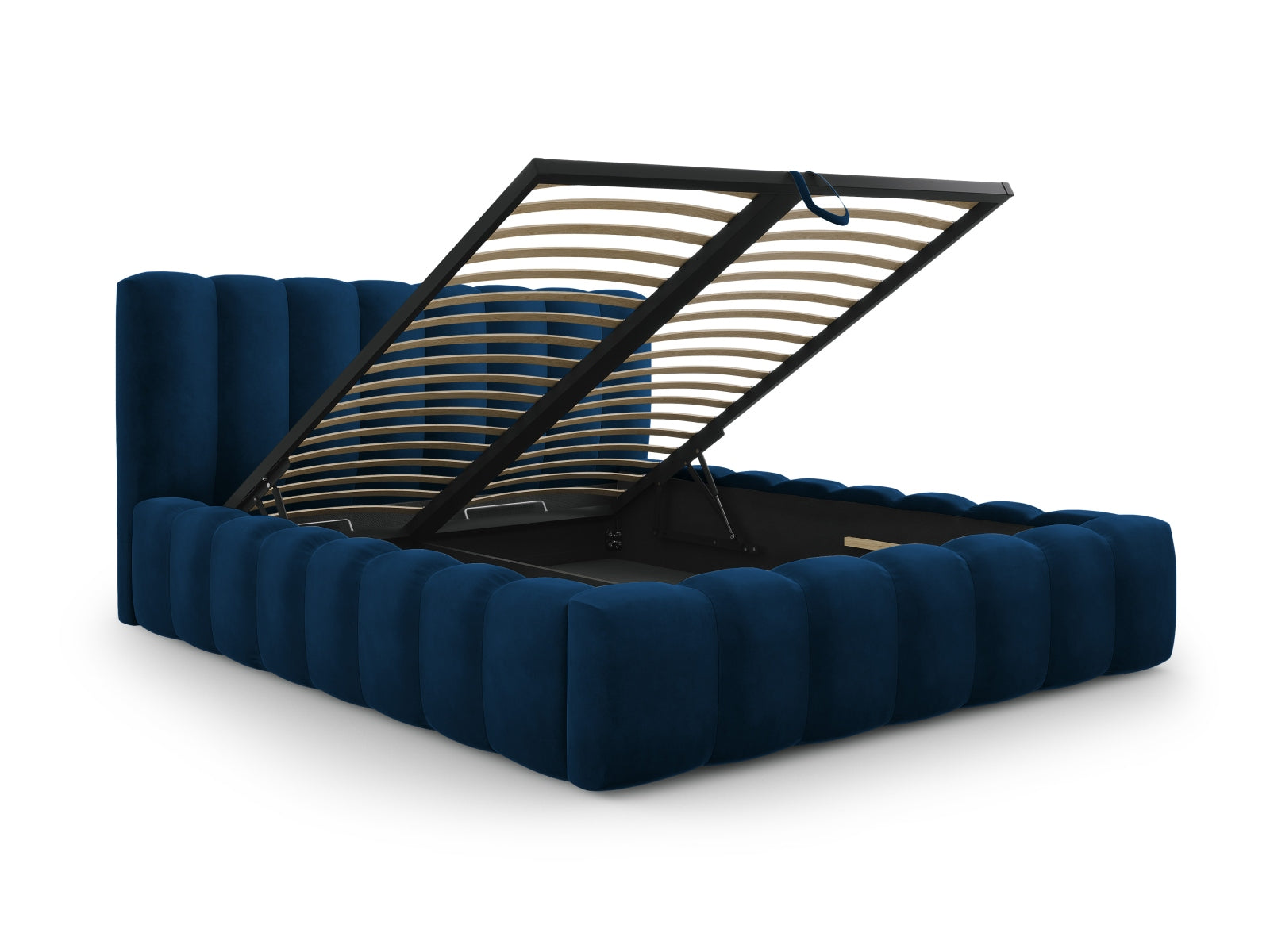 Stilvolles Palma Bett in Royal Blue mit integriertem Stauraum und elegantem Kopfteil, perfekt für zeitgemäße Schlafzimmergestaltung.