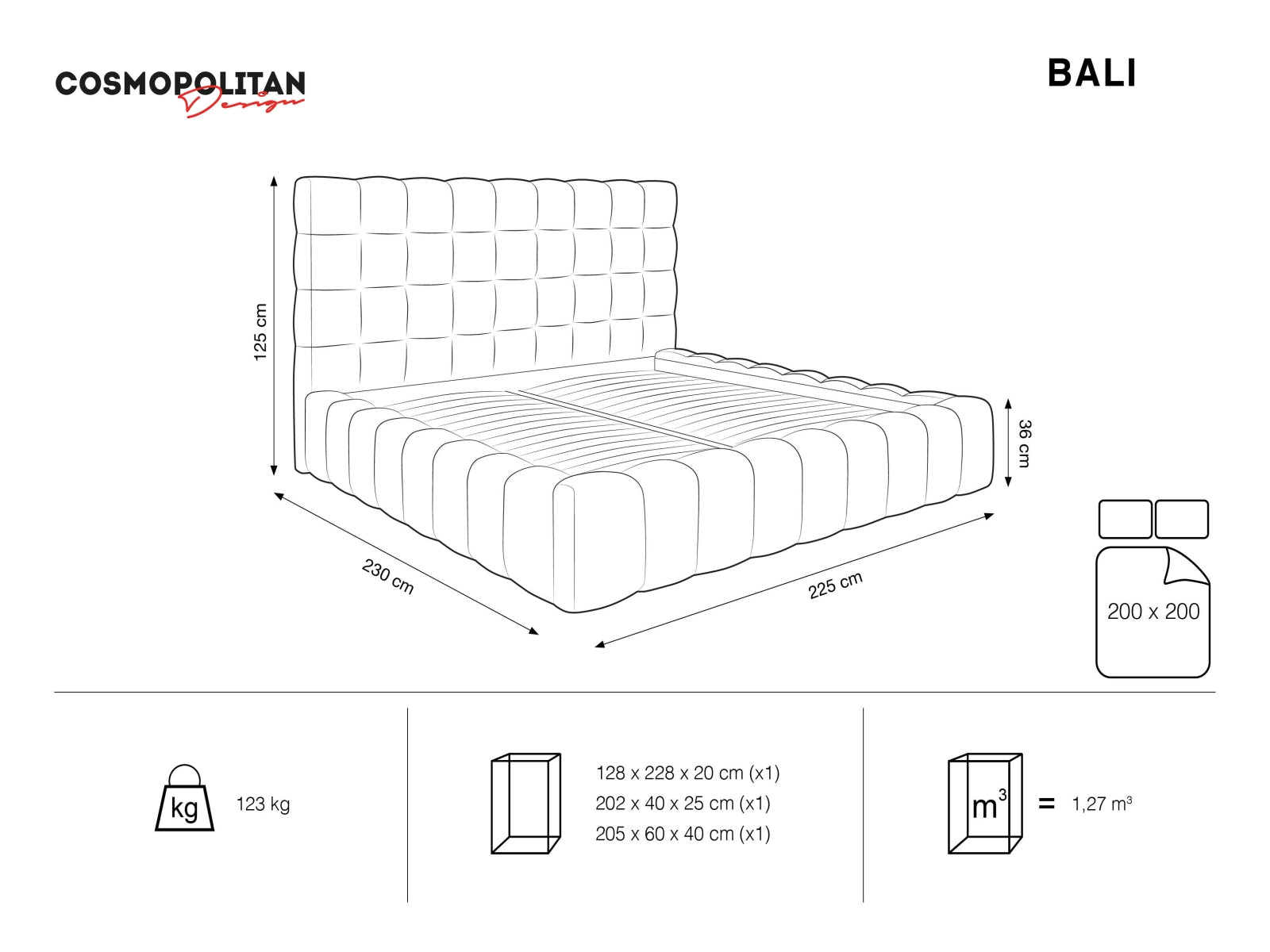 Modernes Bali Bett mit integriertem Stauraum und ansprechendem Kopfteil, 200 cm breit, perfekt für stilvolle Schlafzimmer.