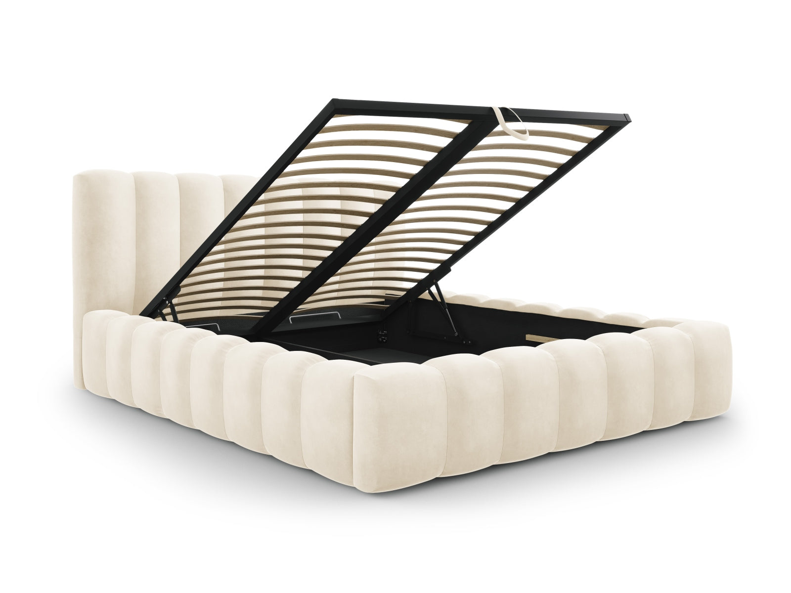 Modernes Palma Bett mit 200 cm hohem Kopfteil und integriertem Stauraum in sanftem Light Beige-Bluvel, perfekt für jedes Schlafzimmer.