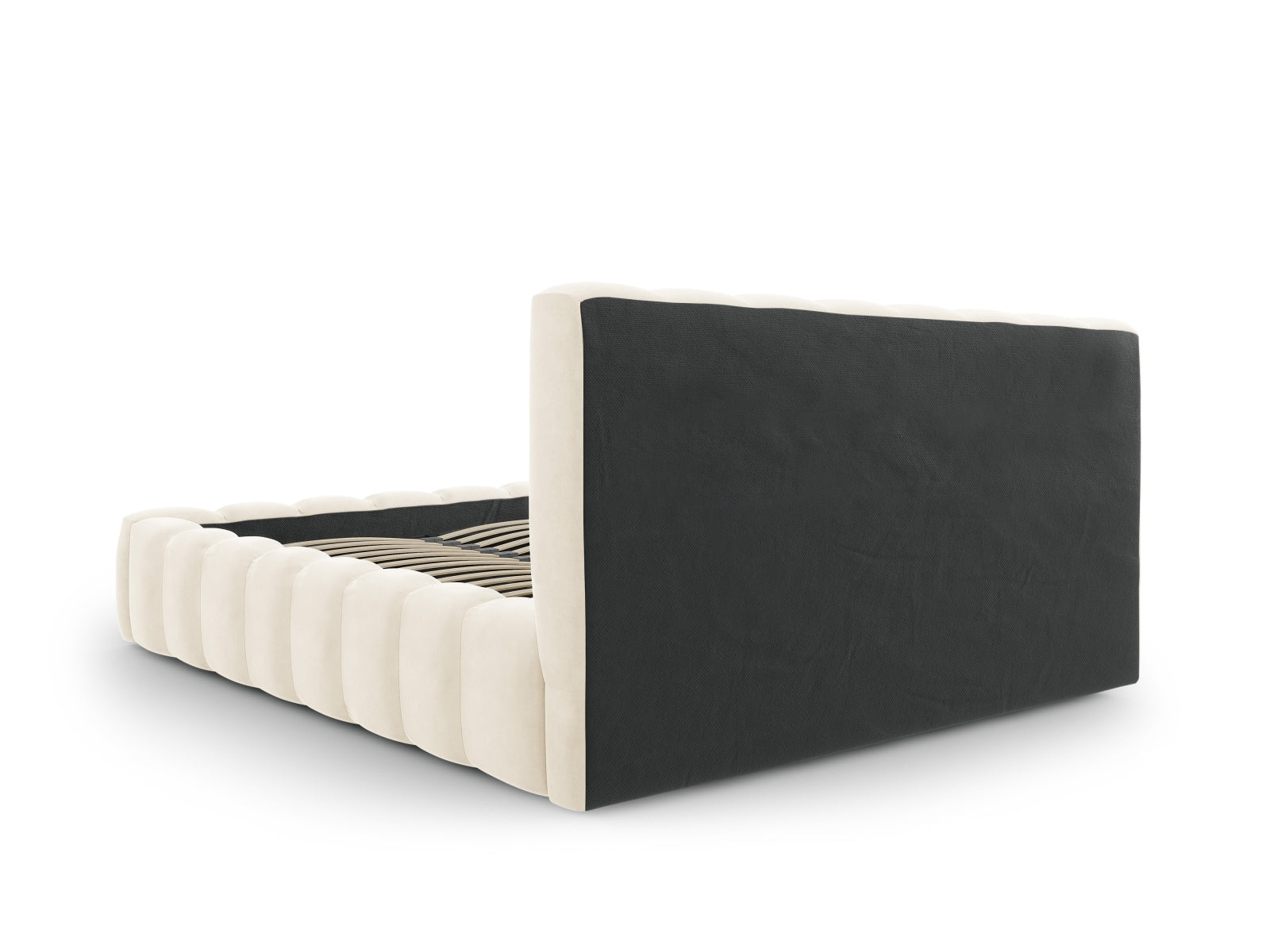 Elegantes Palma Bett mit 200 cm Kopfteil und praktischem Stauraum in sanftem Light Beige-Bluvel, ideal für stilvolle Schlafzimmer.