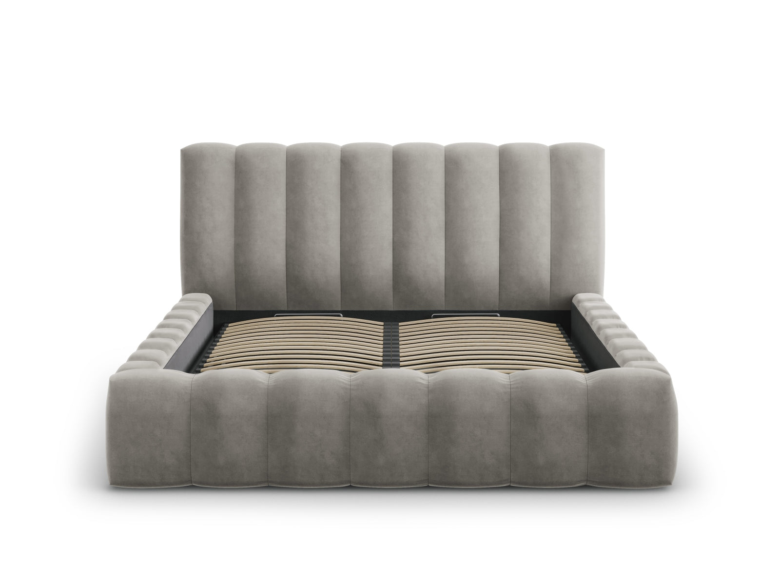 Elegantes Palma Bett mit praktischem Stauraum und stilvollem Kopfteil in Light Grey-Bluvel, ideal für moderne Schlafzimmer.