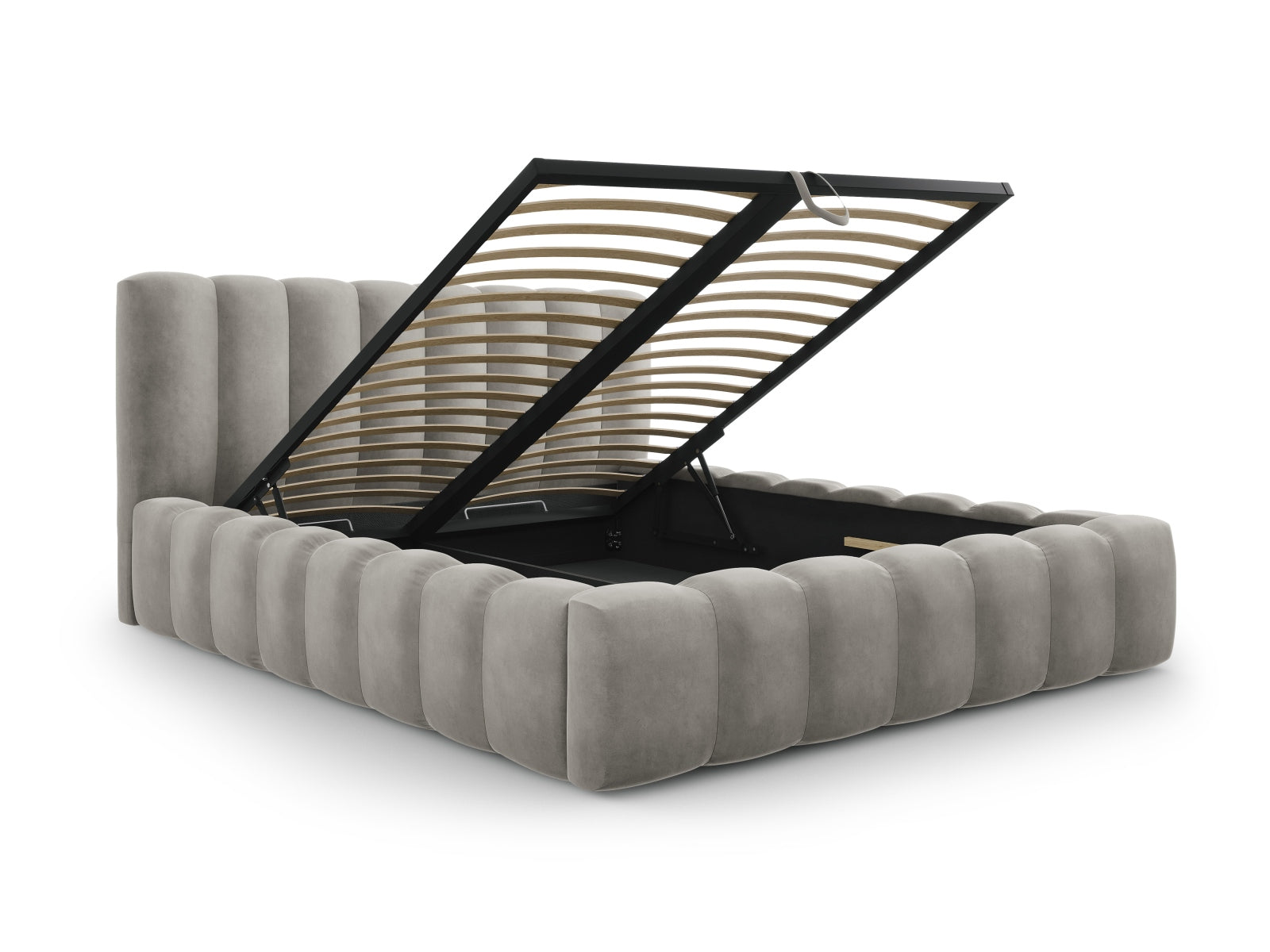 Modernes Palma Bett mit großzügigem Stauraum und geschmackvollem Kopfteil in Light Grey-Bluvel, perfekt für stilvolle Schlafzimmer.