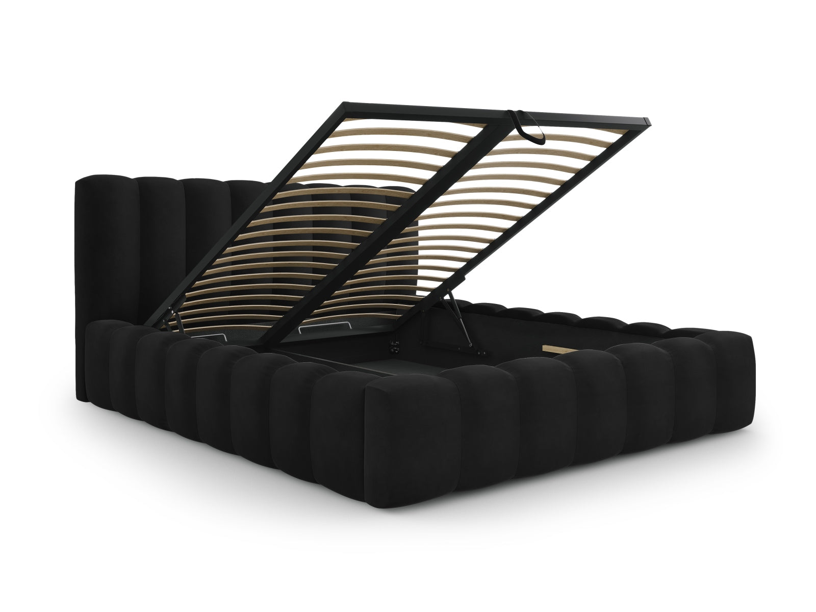 Stilvolles Palma Bett mit 200 cm Kopfteil und integriertem Stauraum in edlem Black-Bluvel, perfekt für zeitgemäße Schlafzimmergestaltung.