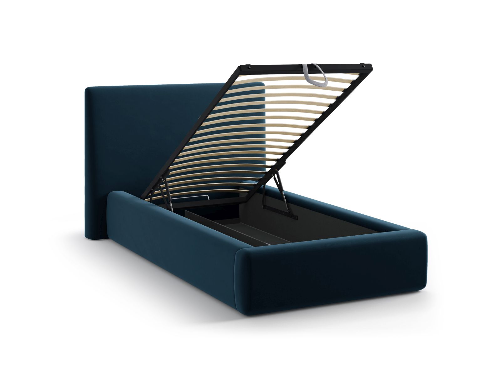 Stylisches Asti Bett mit 90 cm Breite, ausgestattet mit praktischem Stauraum und einem eleganten Kopfteil in luxuriösem Navy Blue-Magic Velvet.
