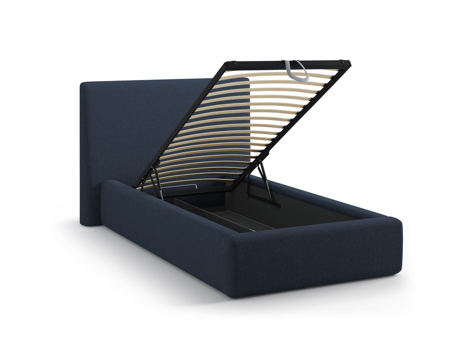 Elegantes Asti Bett in Royal Blue-Moly, 90 cm, ausgestattet mit praktischem Stauraum und stilvollem Kopfteil für ein modernes Ambiente.